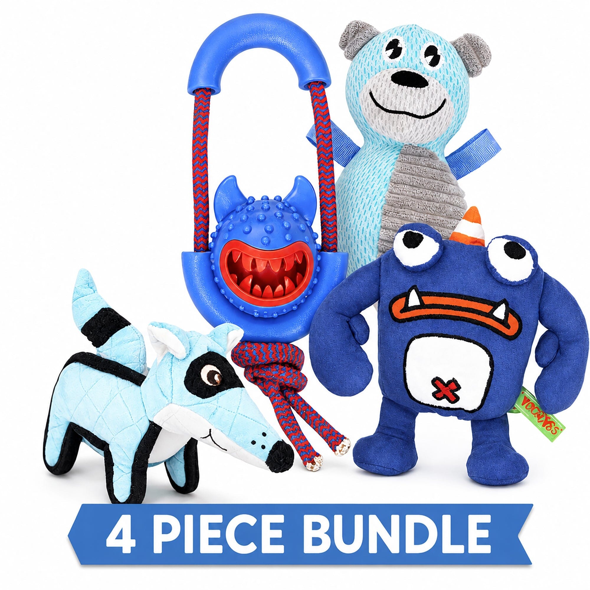 Pet Life ® 4-Piece Fetch Tug and Plush Squeaking Bundle Dog Toy Set - Blue