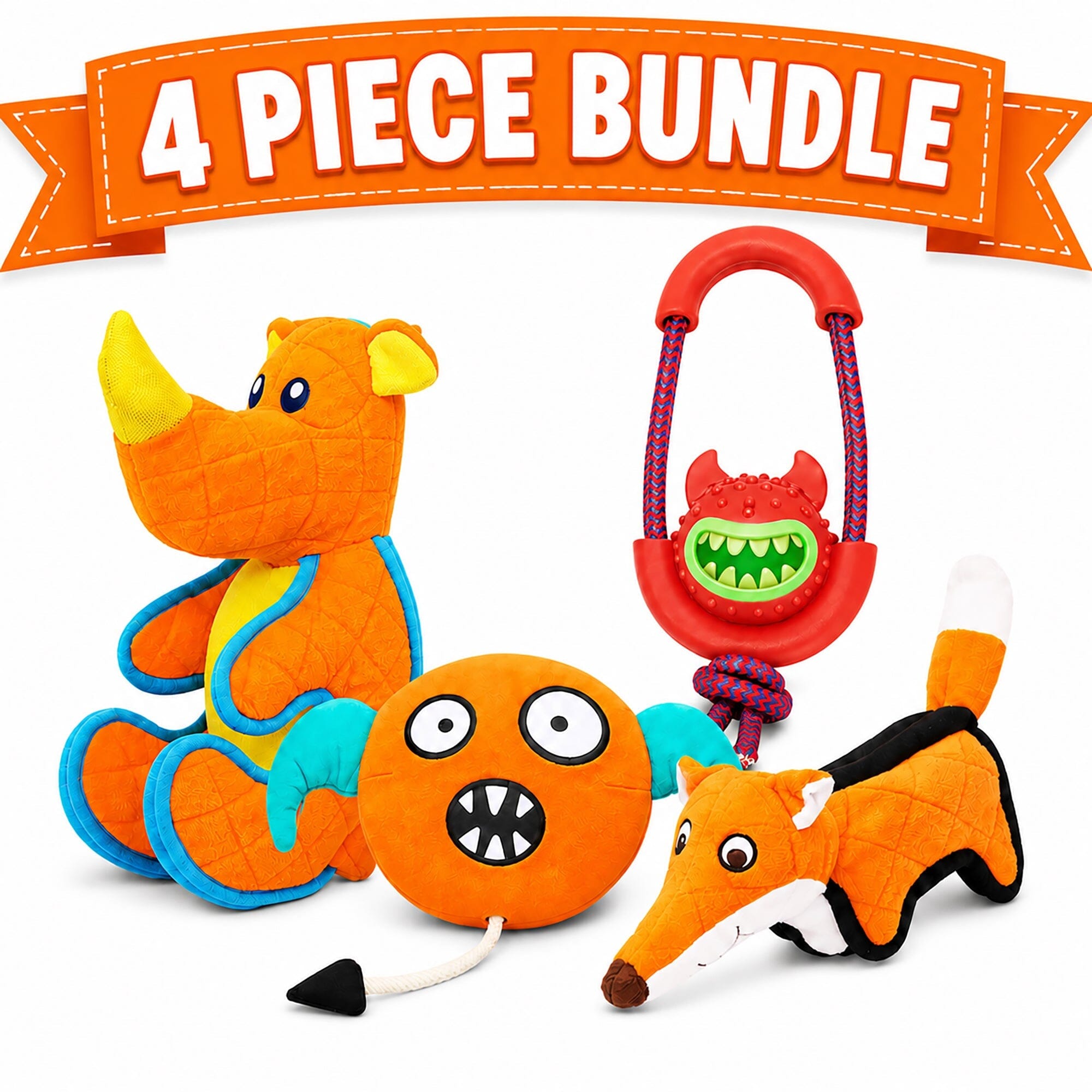 Pet Life ® 4-Piece Fetch Tug and Plush Squeaking Bundle Dog Toy Set - Orange