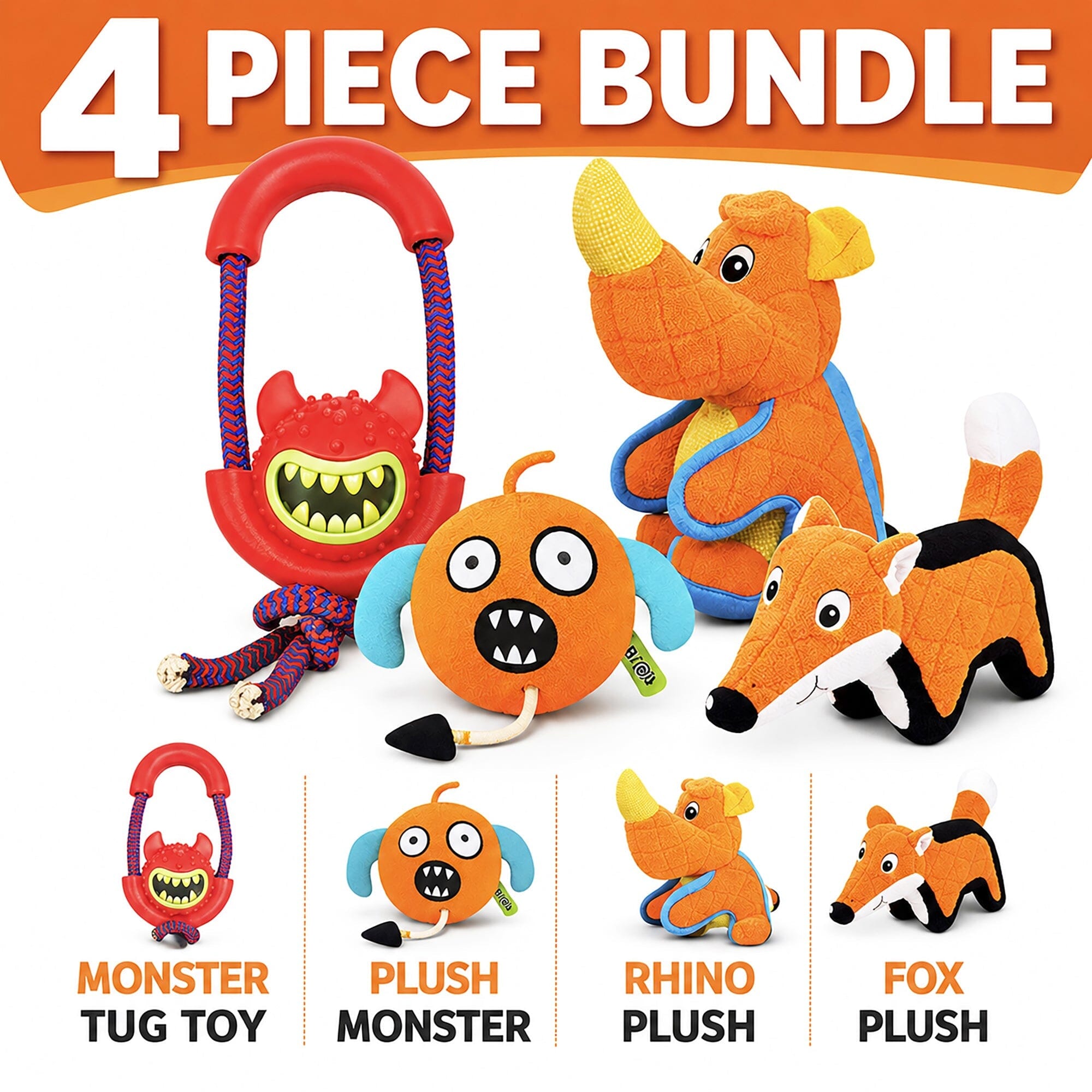 Pet Life ® 4-Piece Fetch Tug and Plush Squeaking Bundle Dog Toy Set - Orange