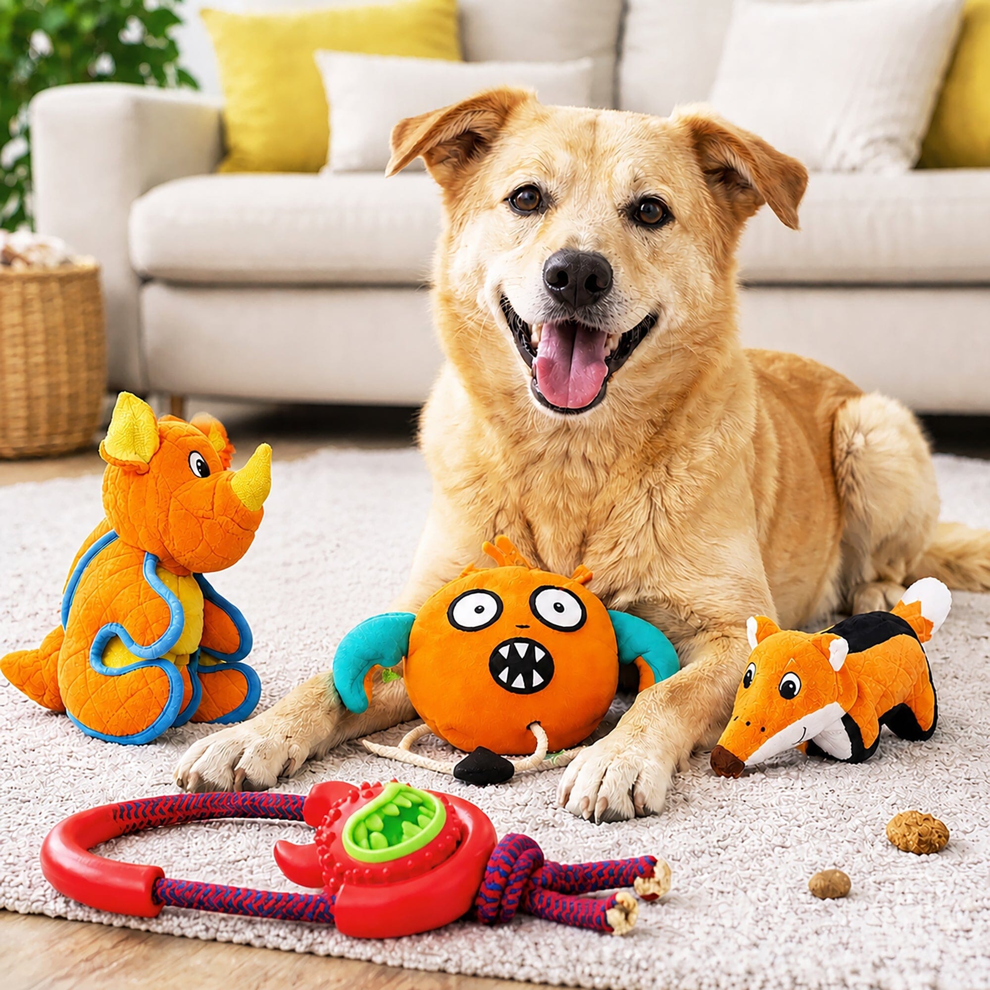 Pet Life ® 4-Piece Fetch Tug and Plush Squeaking Bundle Dog Toy Set - Orange