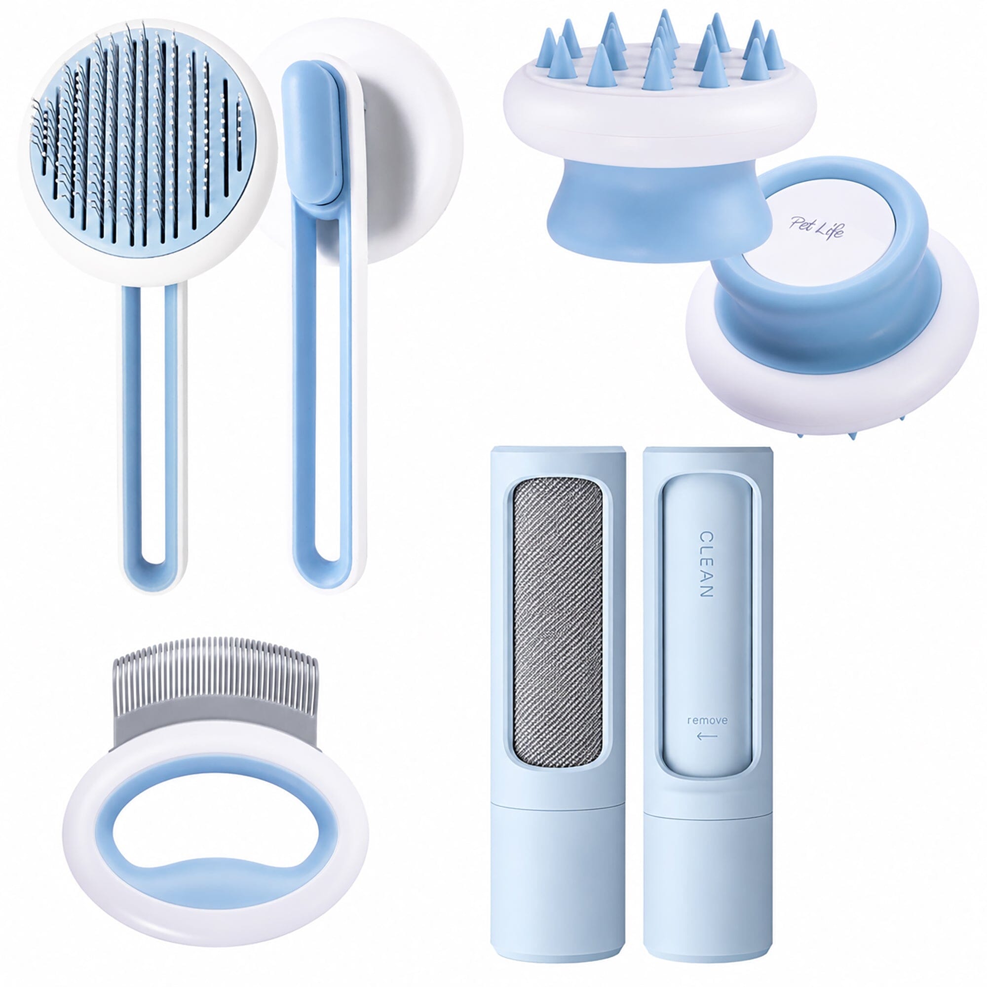 Pet Life ® 4-Piece Modern Premium Massage Slicker and Lint Brush and Deshedder Cat and Dog Grooming Set - Blue Default Title