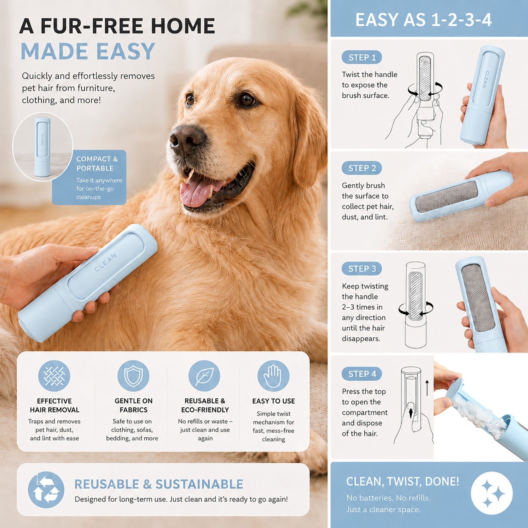 Pet Life ® 4-Piece Modern Premium Massage Slicker and Lint Brush and Deshedder Cat and Dog Grooming Set - Blue