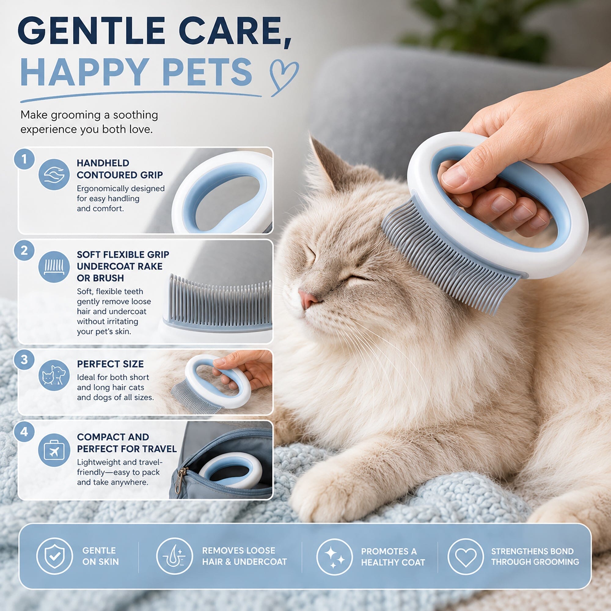Pet Life ® 4-Piece Modern Premium Massage Slicker and Lint Brush and Deshedder Cat and Dog Grooming Set - Blue