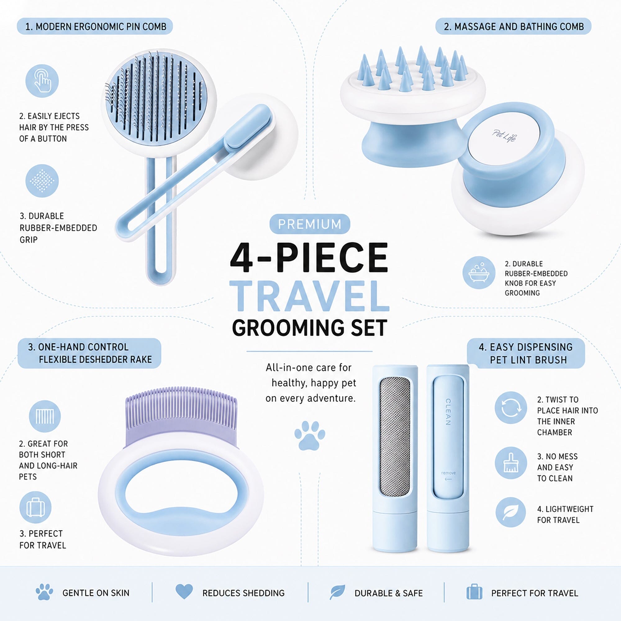 Pet Life ® 4-Piece Modern Premium Massage Slicker and Lint Brush and Deshedder Cat and Dog Grooming Set - Blue
