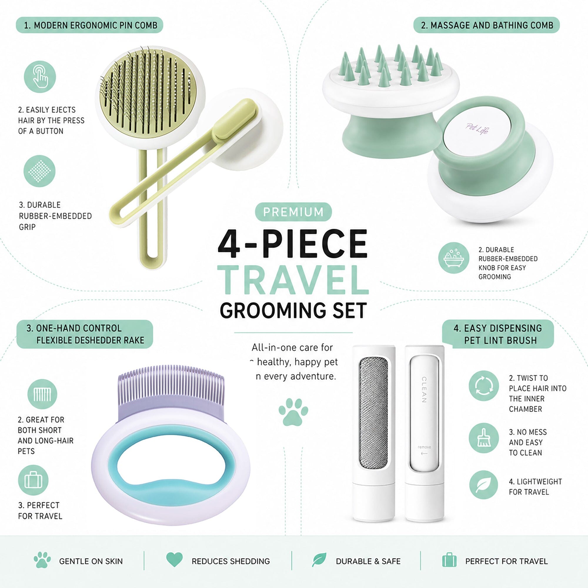 Pet Life ® 4-Piece Modern Premium Massage Slicker and Lint Brush and Deshedder Cat and Dog Grooming Set - Green