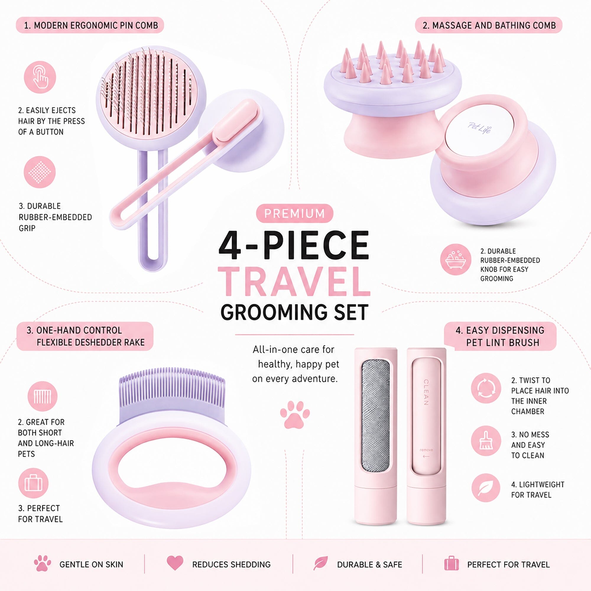 Pet Life ® 4-Piece Modern Premium Massage Slicker and Lint Brush and Deshedder Cat and Dog Grooming Set - Pink