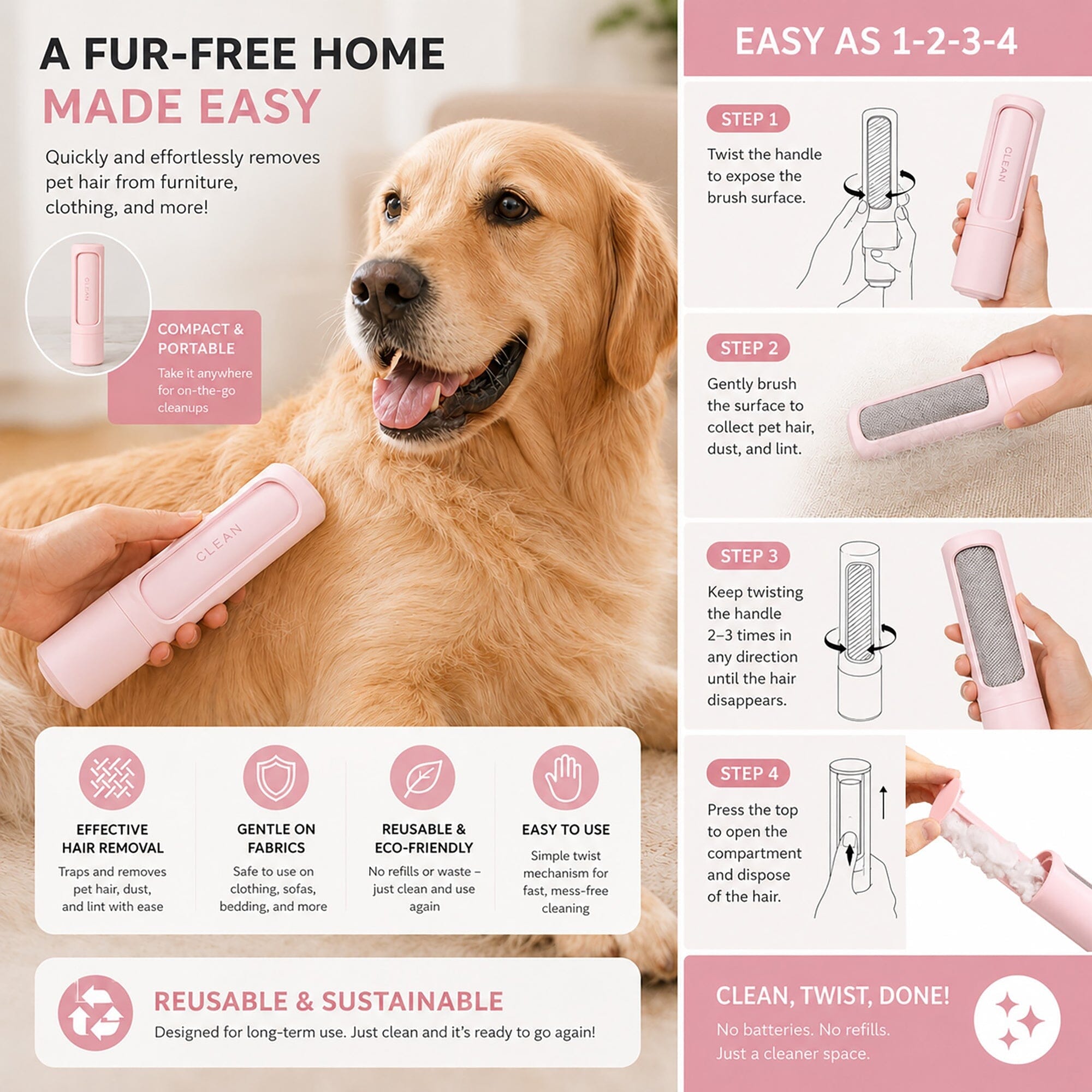 Pet Life ® 4-Piece Modern Premium Massage Slicker and Lint Brush and Deshedder Cat and Dog Grooming Set - Pink