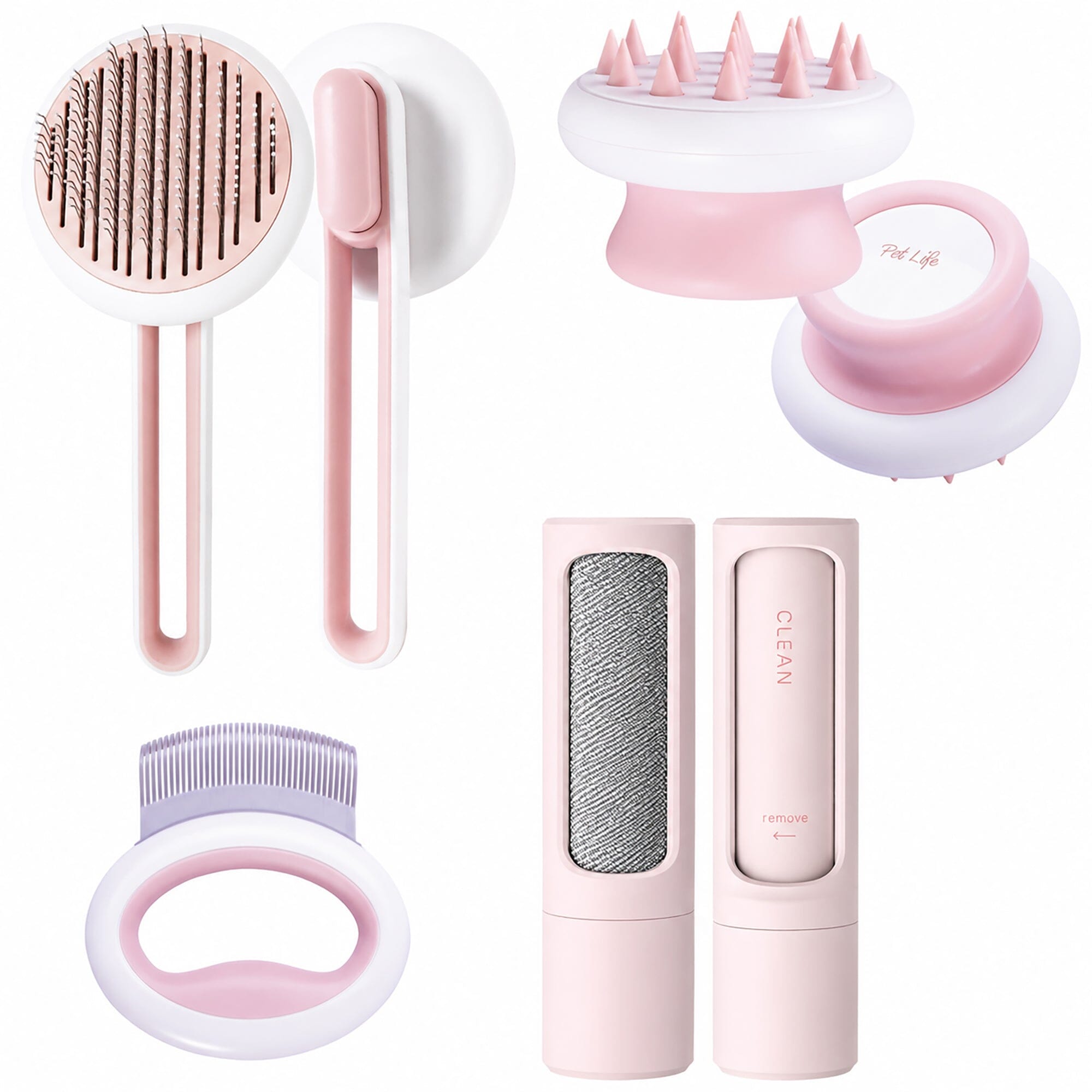 Pet Life ® 4-Piece Modern Premium Massage Slicker and Lint Brush and Deshedder Cat and Dog Grooming Set - Pink Default Title