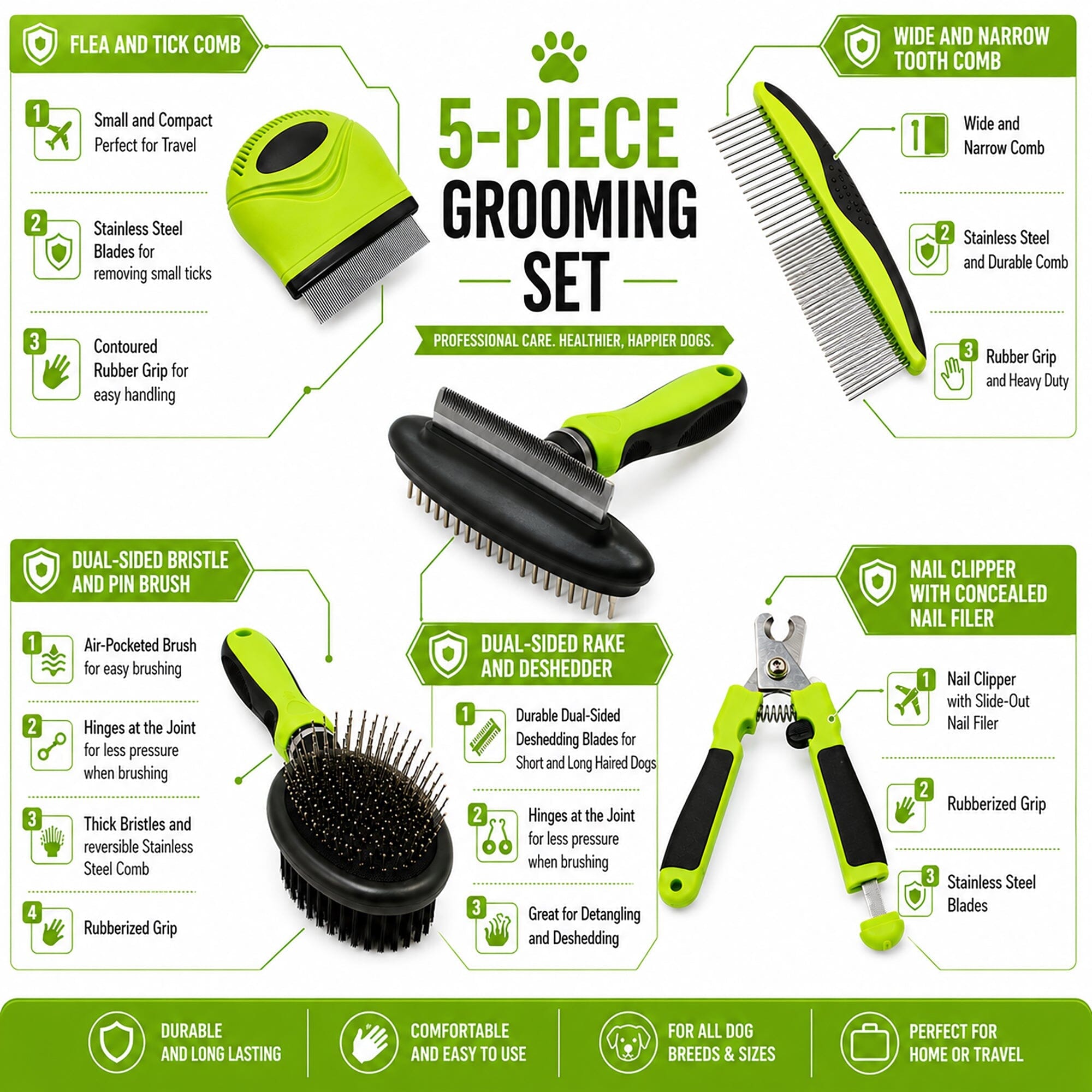 Pet Life ® 5-Piece Premium Nail Trimmer and Comb Pin Tick and Bristle Brush Cat and Dog Grooming Set - Green