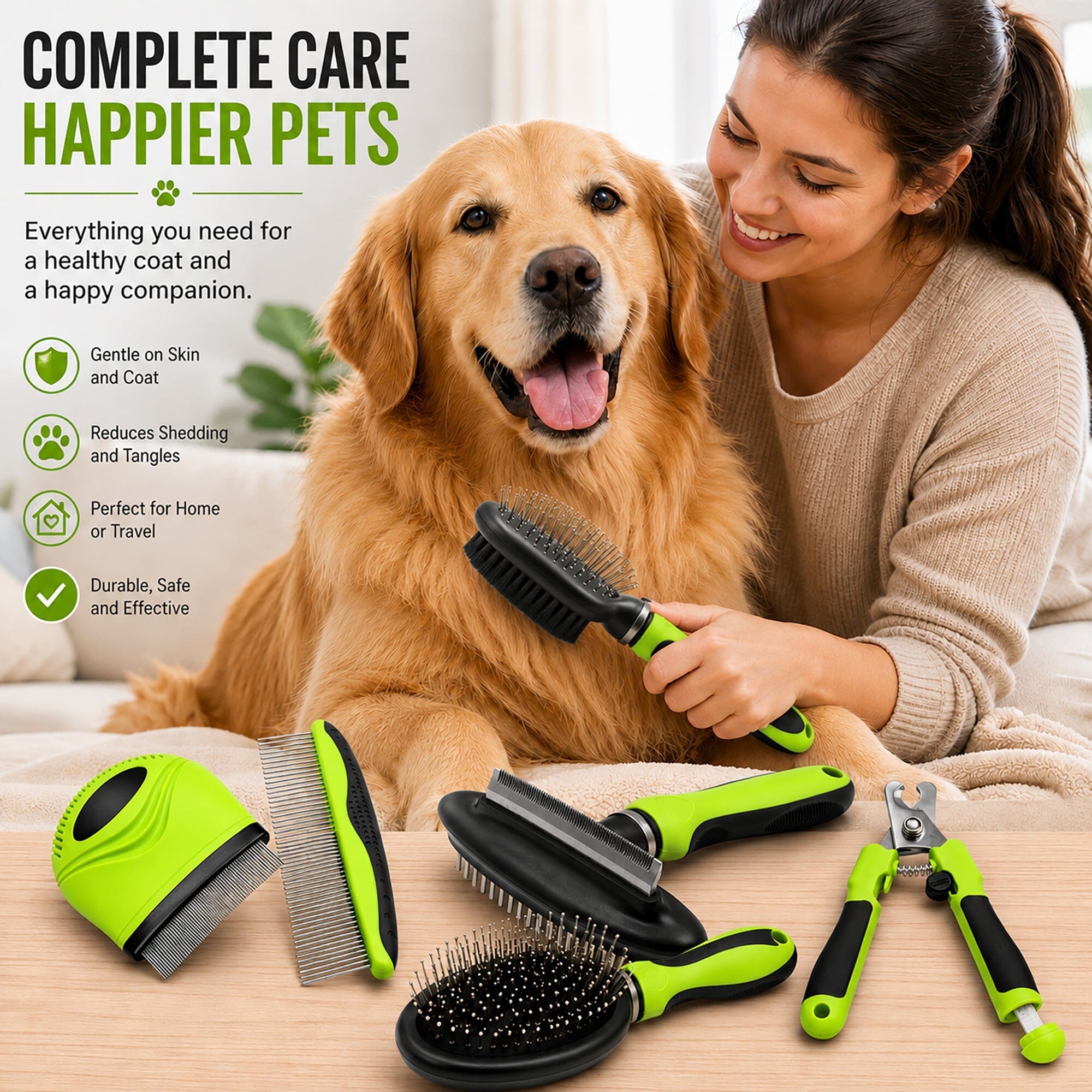 Pet Life ® 5-Piece Premium Nail Trimmer and Comb Pin Tick and Bristle Brush Cat and Dog Grooming Set - Green