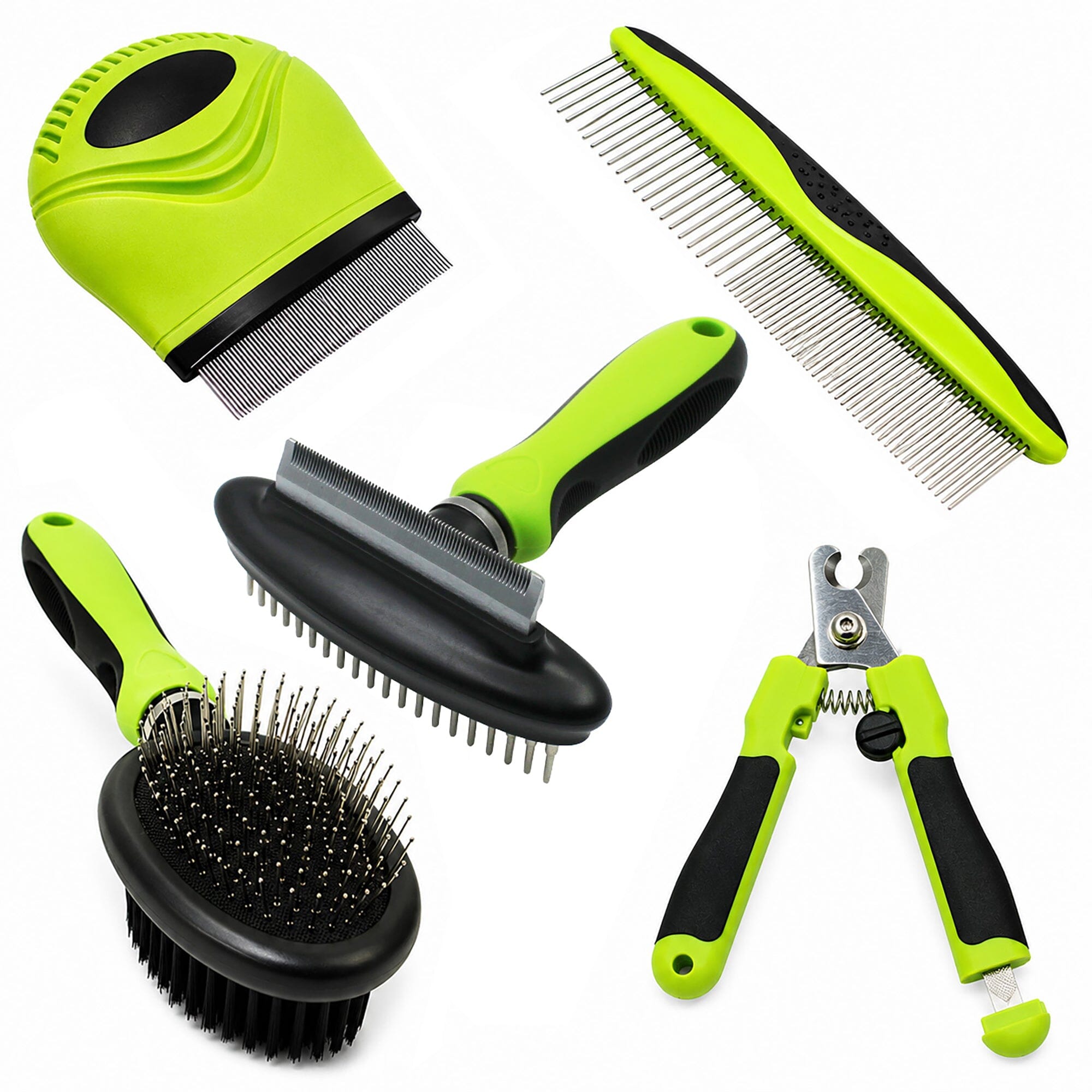 Pet Life ® 5-Piece Premium Nail Trimmer and Comb Pin Tick and Bristle Brush Cat and Dog Grooming Set - Green Default Title