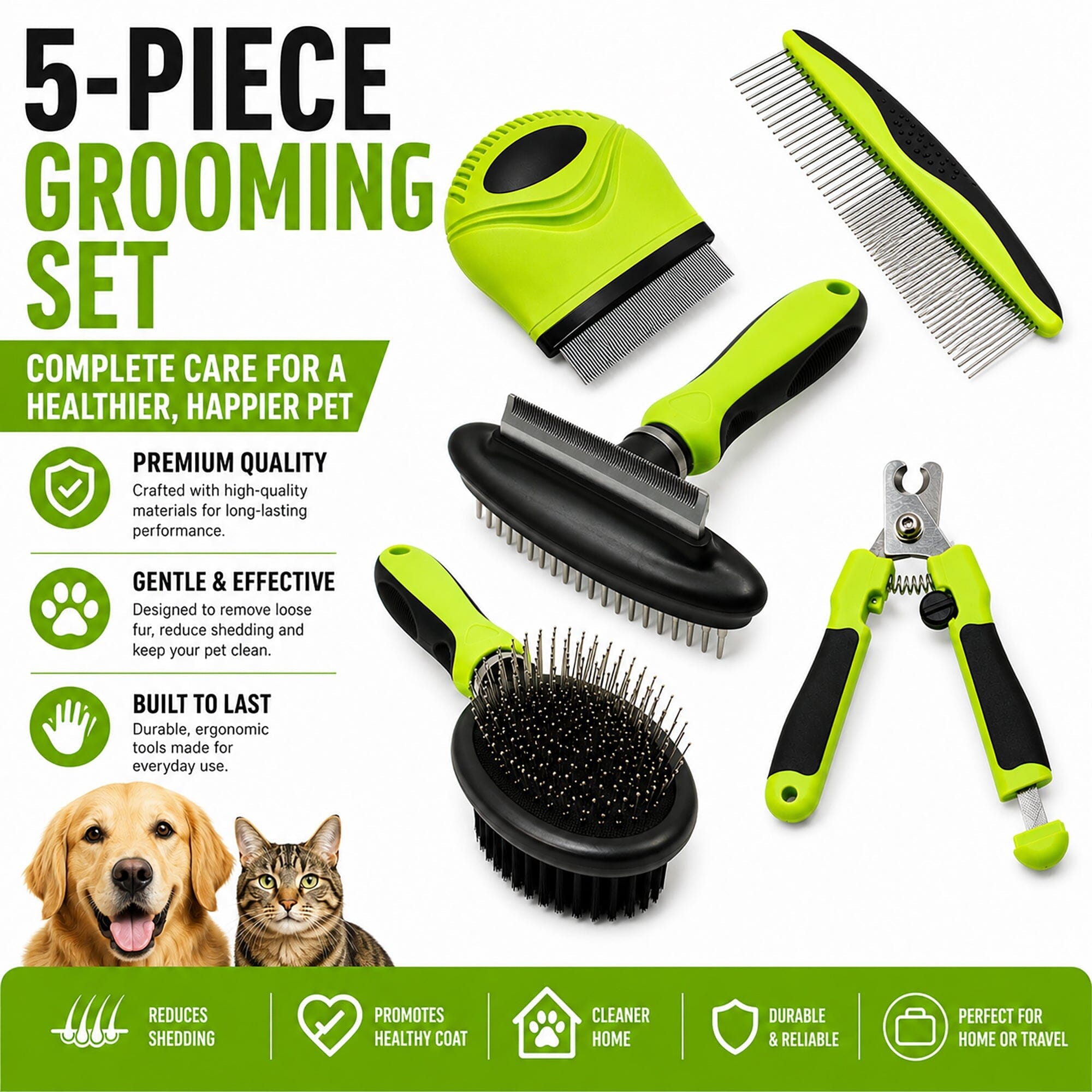 Pet Life ® 5-Piece Premium Nail Trimmer and Comb Pin Tick and Bristle Brush Cat and Dog Grooming Set - Green