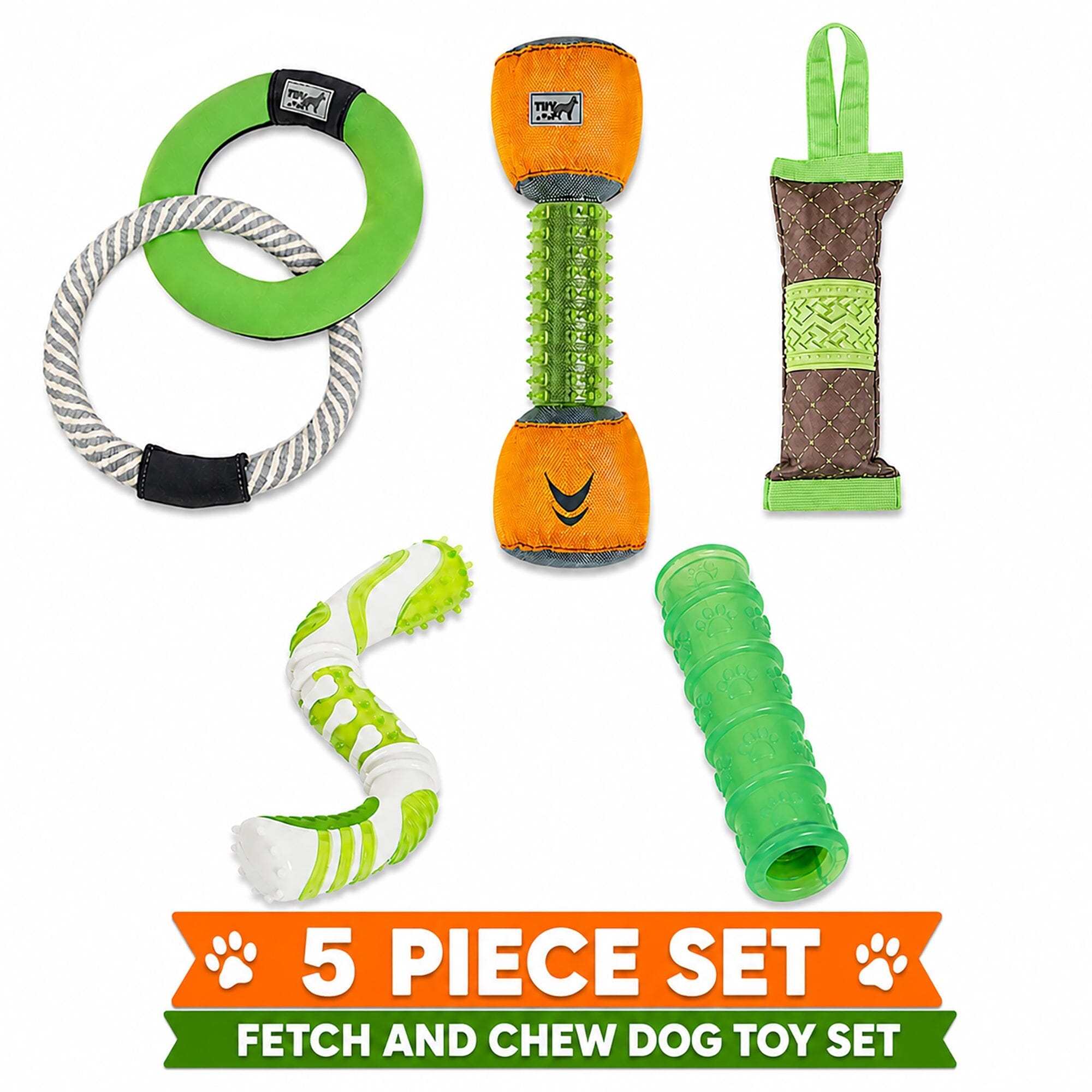 Pet Life ® 5-Piece Rugged Nylon and Rubber Plush Squeak Tug and Fetch Dog Toy Set - Green and Orange