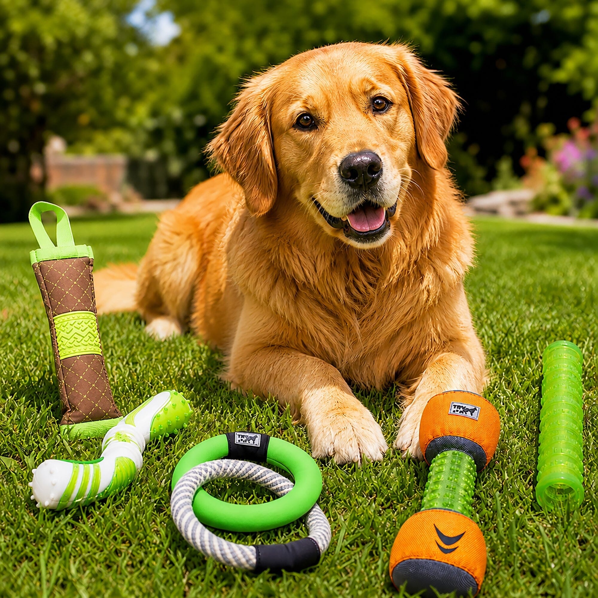 Pet Life ® 5-Piece Rugged Nylon and Rubber Plush Squeak Tug and Fetch Dog Toy Set - Green and Orange