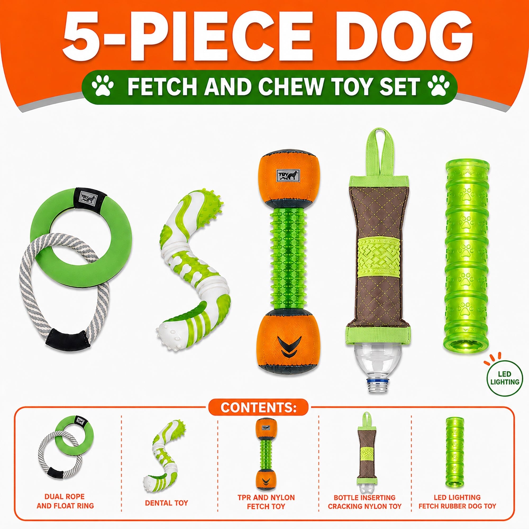 Pet Life ® 5-Piece Rugged Nylon and Rubber Plush Squeak Tug and Fetch Dog Toy Set - Green and Orange