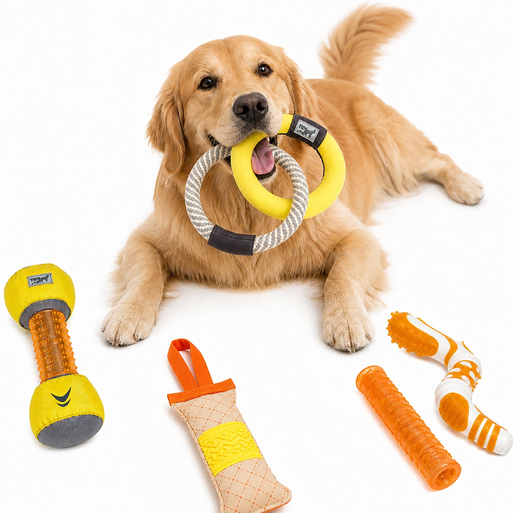 Pet Life ® 5-Piece Rugged Nylon and Rubber Plush Squeak Tug and Fetch Dog Toy Set - Yellow and Orange Default Title