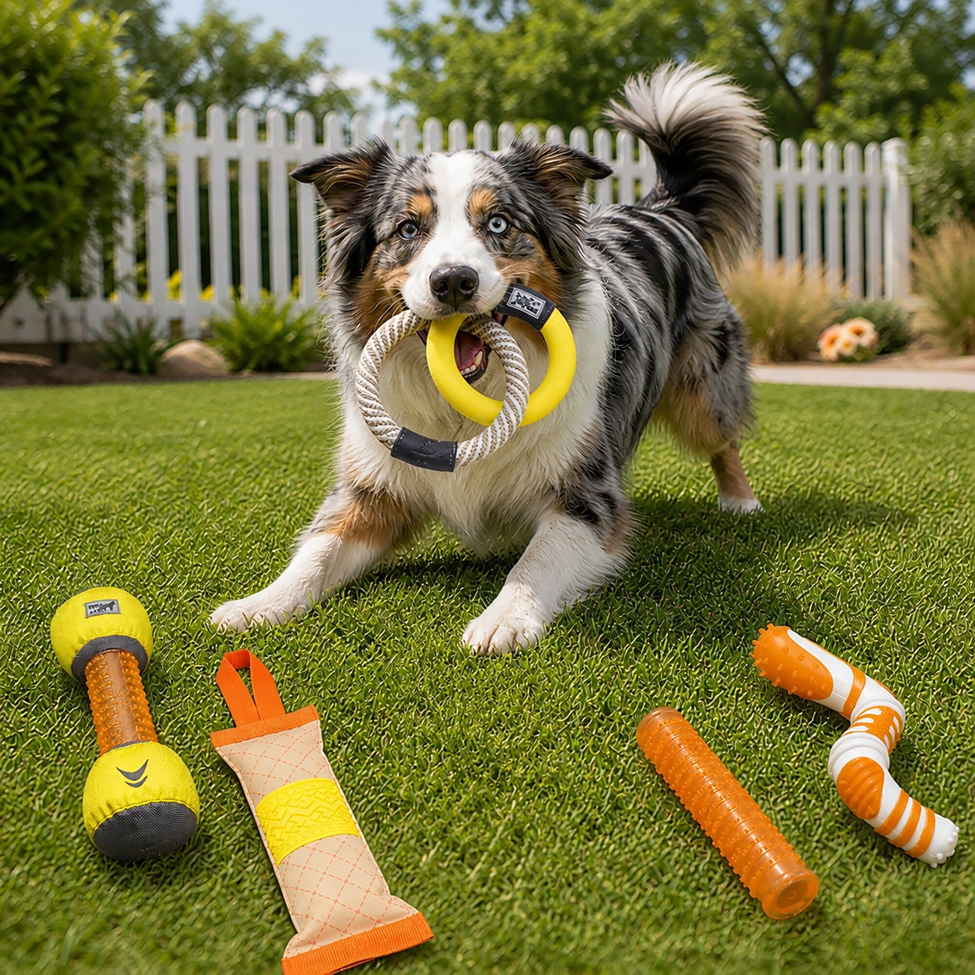 Pet Life ® 5-Piece Rugged Nylon and Rubber Plush Squeak Tug and Fetch Dog Toy Set - Yellow and Orange