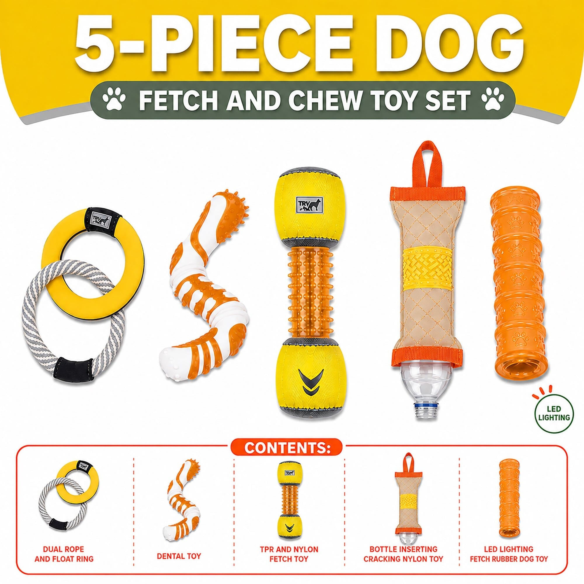 Pet Life ® 5-Piece Rugged Nylon and Rubber Plush Squeak Tug and Fetch Dog Toy Set - Yellow and Orange