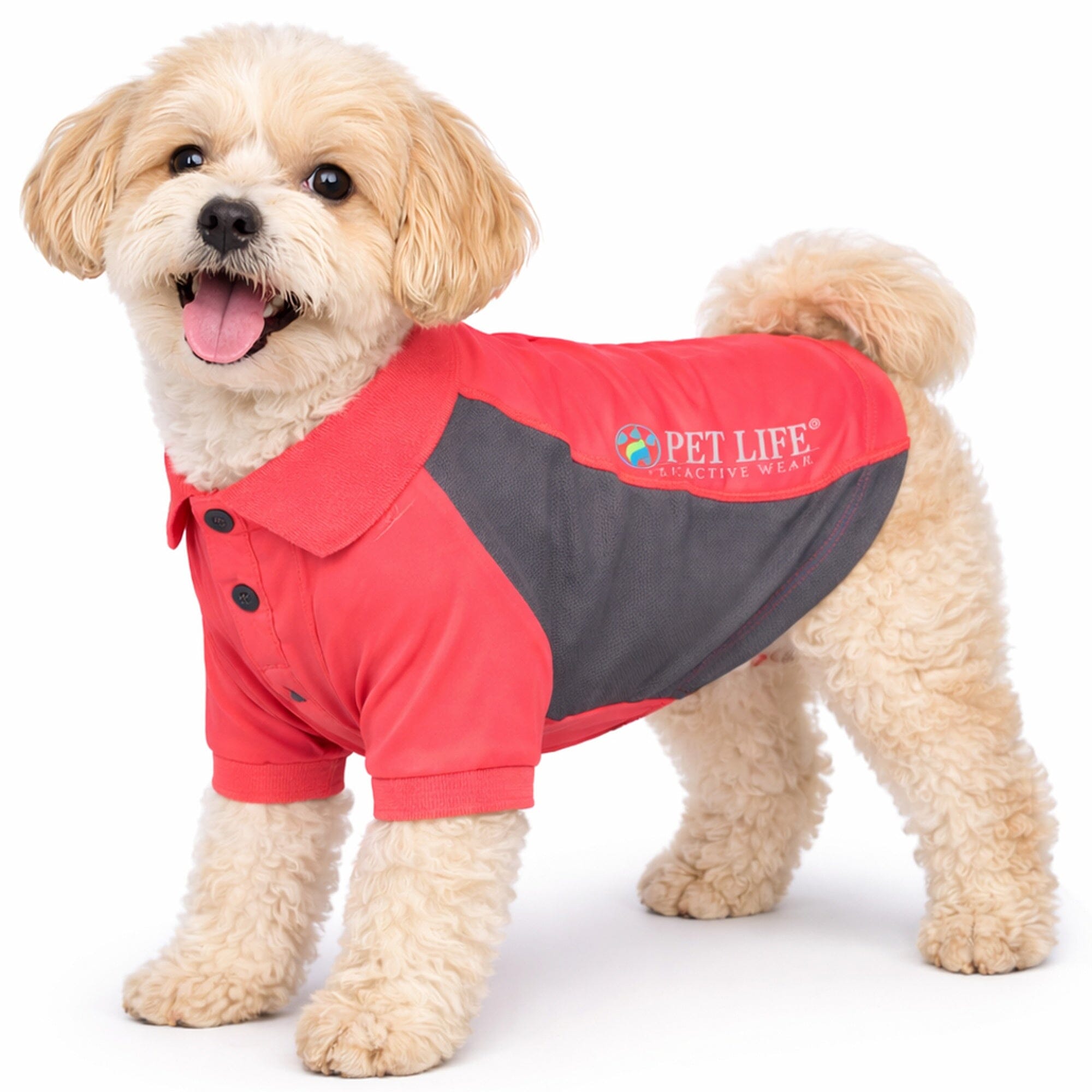 Pet Life ® Active 'Barko Pawlo' Relax-Stretch Quick-Drying Performance Dog Polo T-Shirt X-Small Salmon Red And Dark Gray