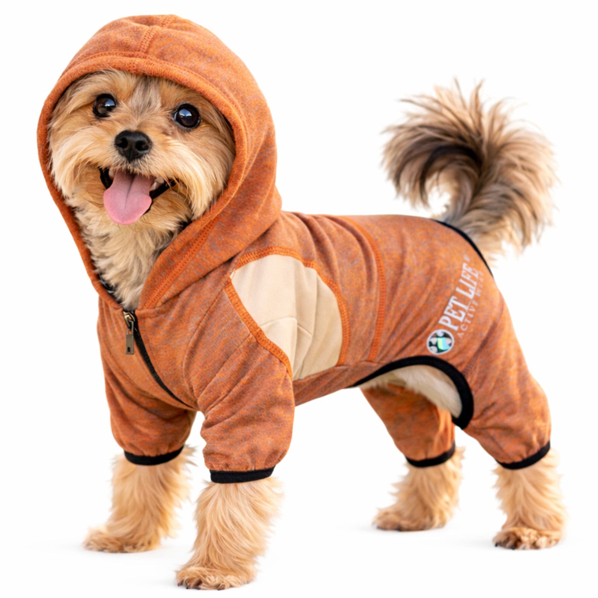 Pet Life ® Active 'Fur-Breeze' Medium-weight 4-Way-Stretch Full Body Hooded Dog Yoga sweater X-Small Burnt Orange