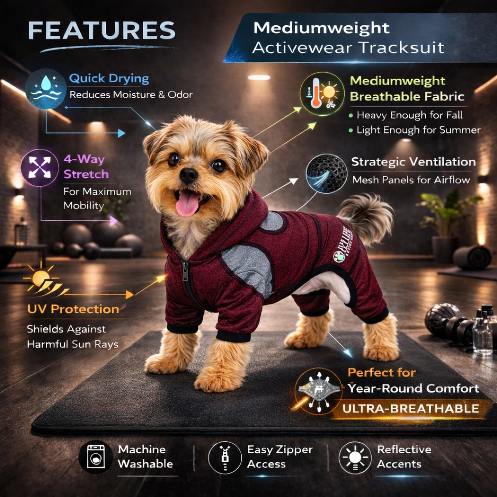 Pet Life ® Active 'Fur-Breeze' Medium-weight 4-Way-Stretch Full Body Hooded Dog Yoga sweater