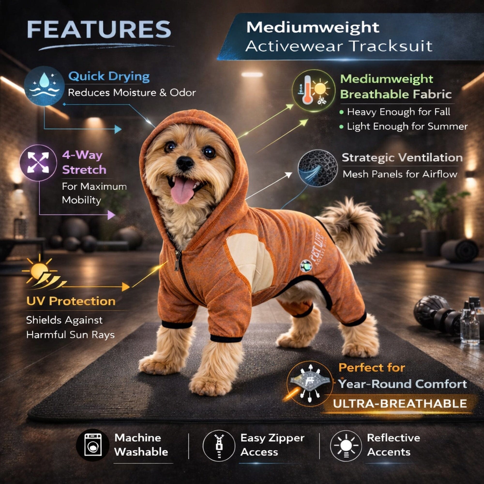 Pet Life ® Active 'Fur-Breeze' Medium-weight 4-Way-Stretch Full Body Hooded Dog Yoga sweater