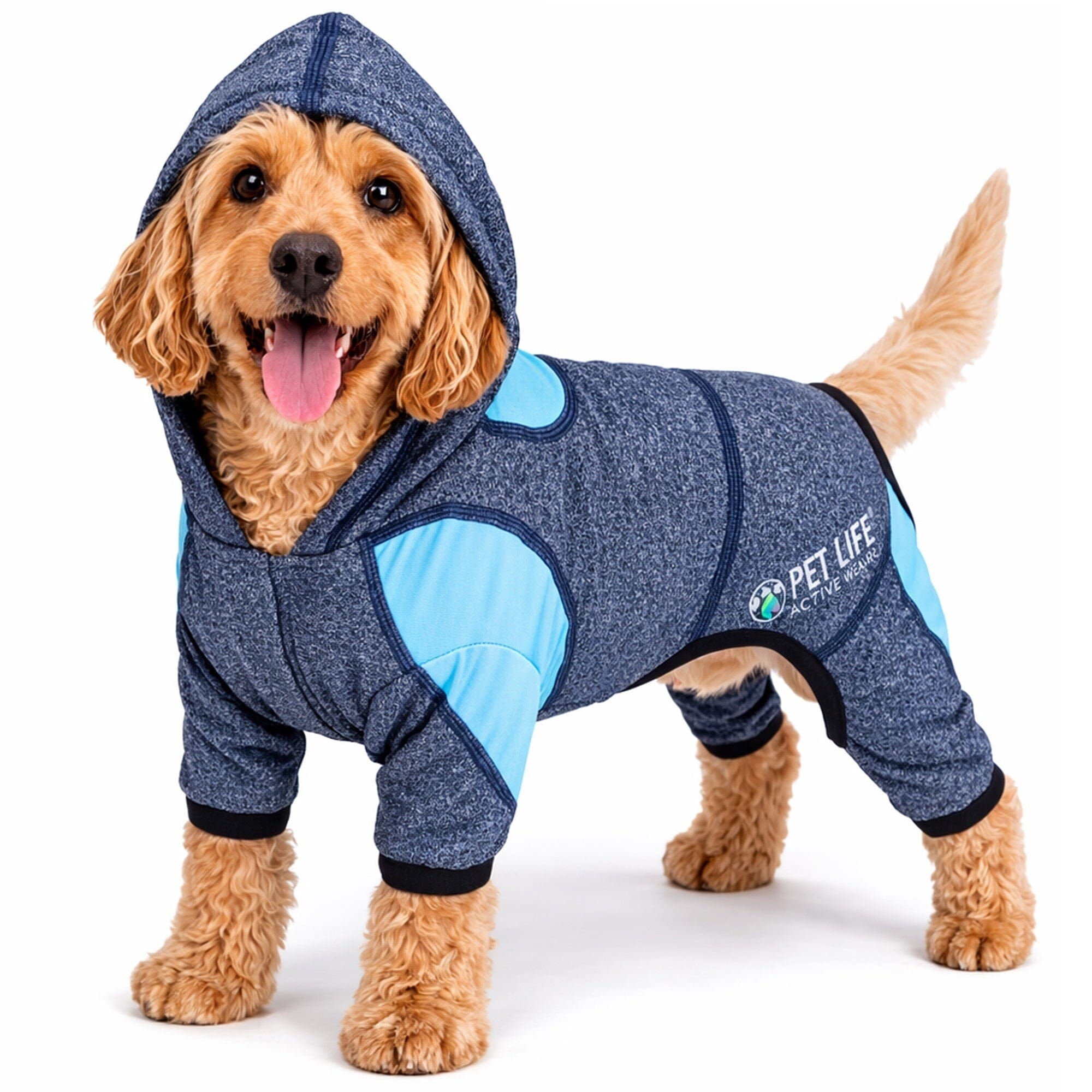 Pet Life ® Active 'Fur-Breeze' Medium-weight 4-Way-Stretch Full Body Hooded Dog Yoga sweater X-Small Blue