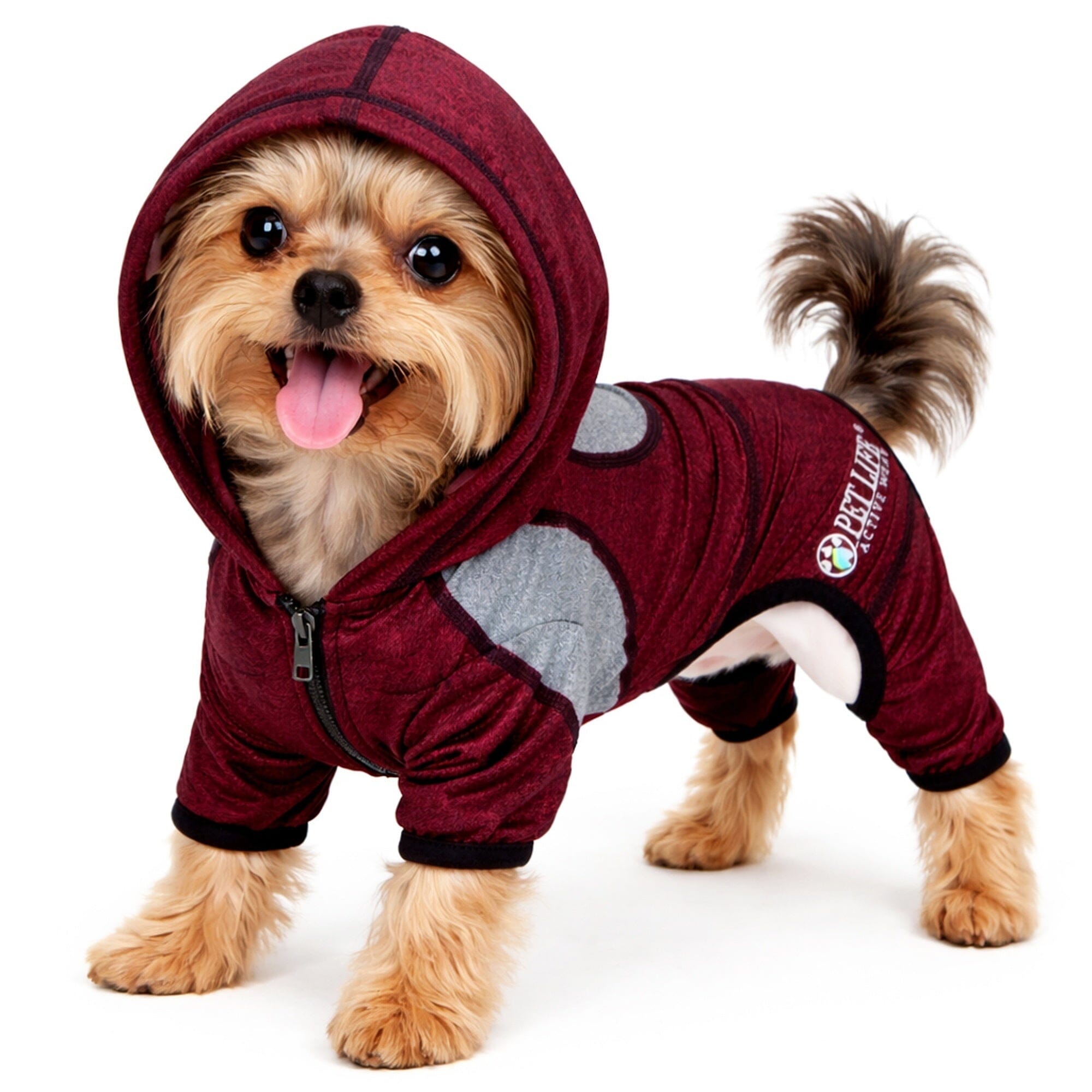 Pet Life ® Active 'Fur-Breeze' Medium-weight 4-Way-Stretch Full Body Hooded Dog Yoga sweater X-Small Burgundy