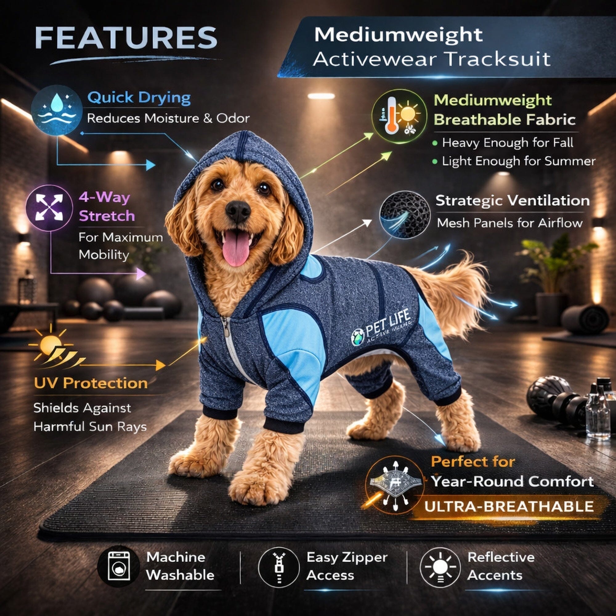 Pet Life ® Active 'Fur-Breeze' Medium-weight 4-Way-Stretch Full Body Hooded Dog Yoga sweater