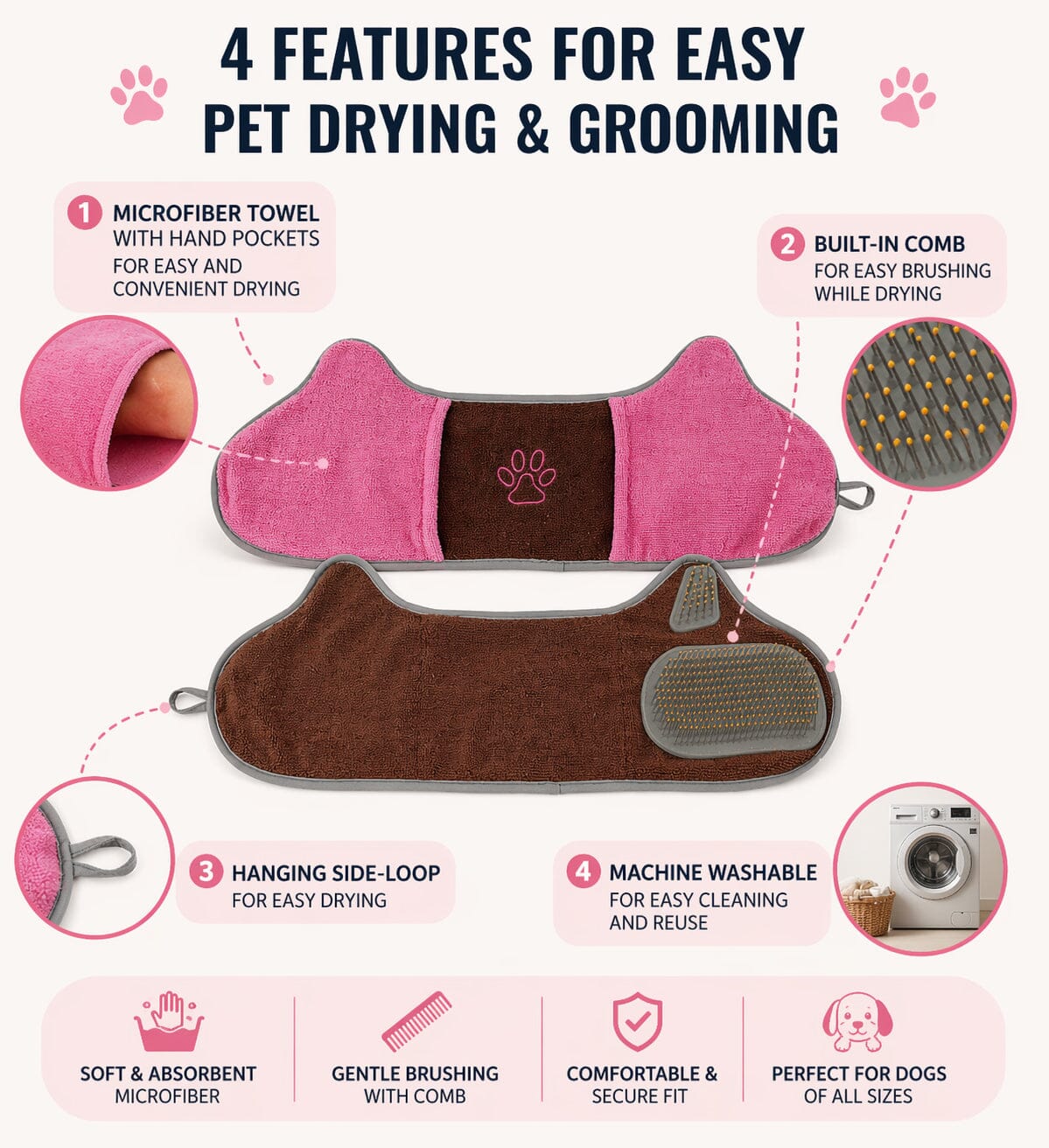 Pet Life ® 'Bryer' 2-in-1 Hand-Inserted Grooming Cat and Dog Microfiber Towel and Pet Hair Brush Combination - 2 Pack