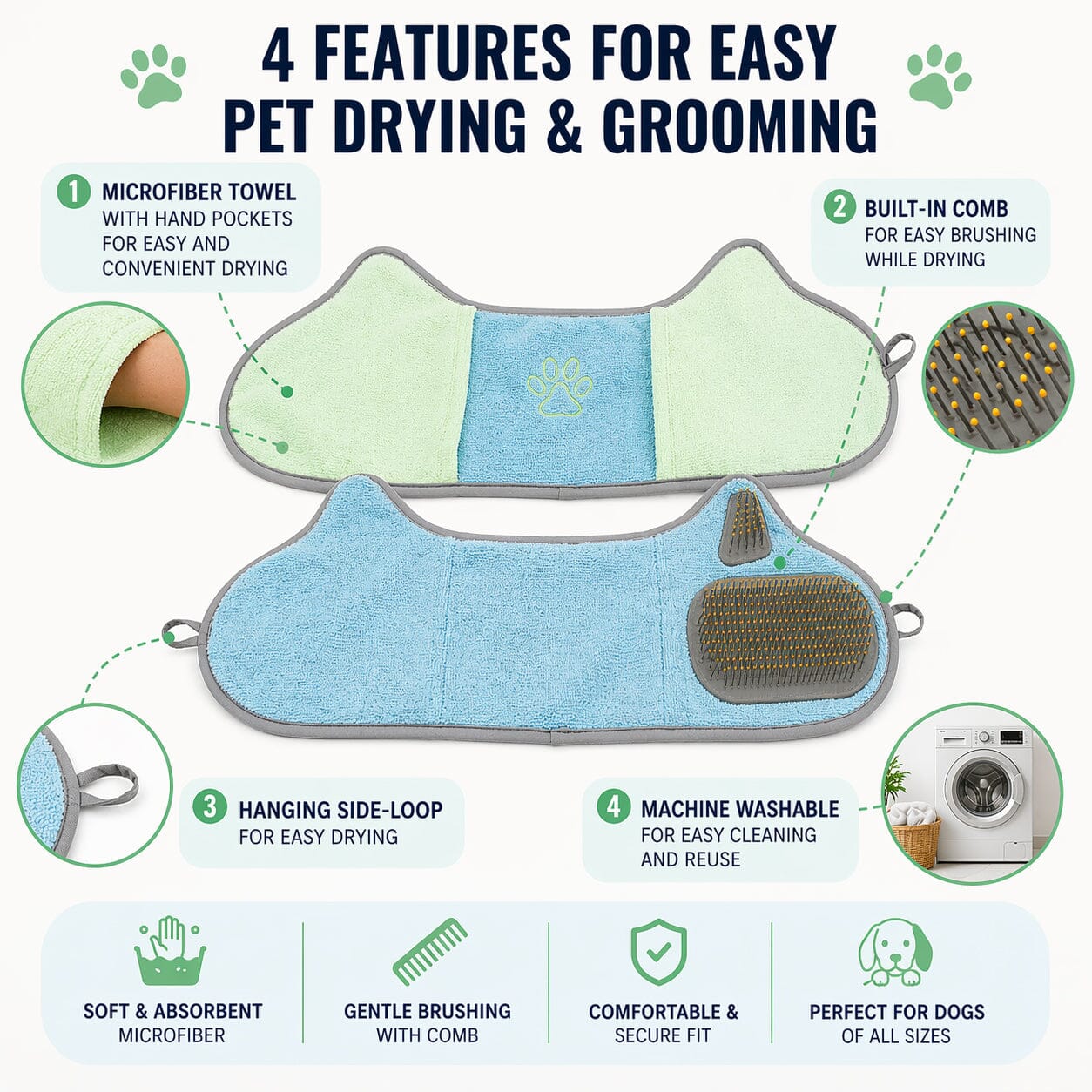 Pet Life ® 'Bryer' 2-in-1 Hand-Inserted Grooming Cat and Dog Microfiber Towel and Pet Hair Brush Combination - 2 Pack