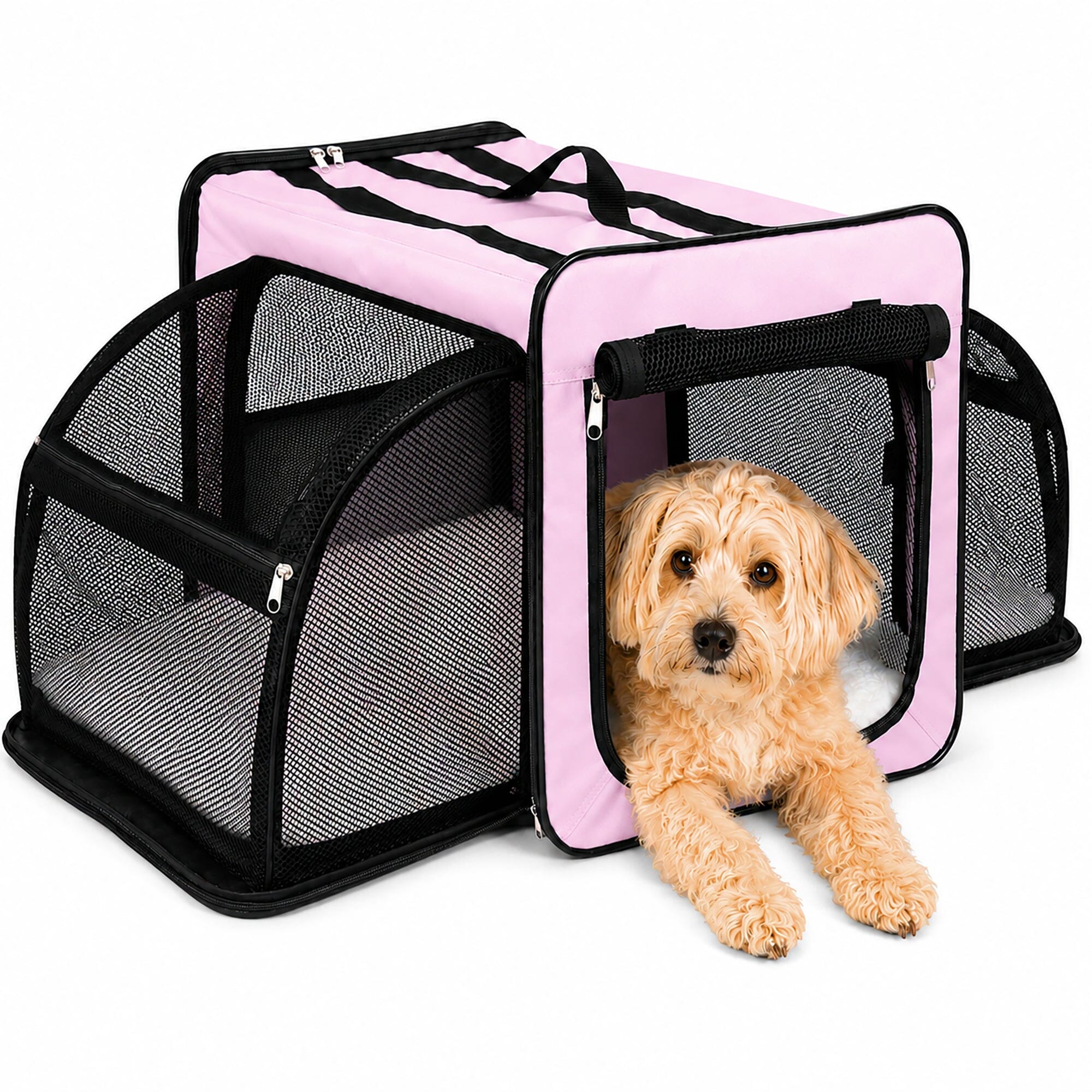 Pet Life ® 'Capacious' Dual-Sided Expandable Spacious Wire Folding Collapsible Lightweight Pet Dog Crate Carrier House Large Pink