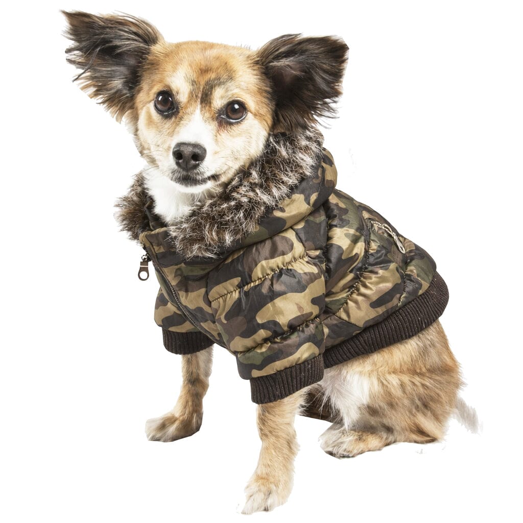 Pet Life ® Classic Metallic Fashion 3M Insulated Dog Coat Parka w/ Removable Hood X-Small Camouflage