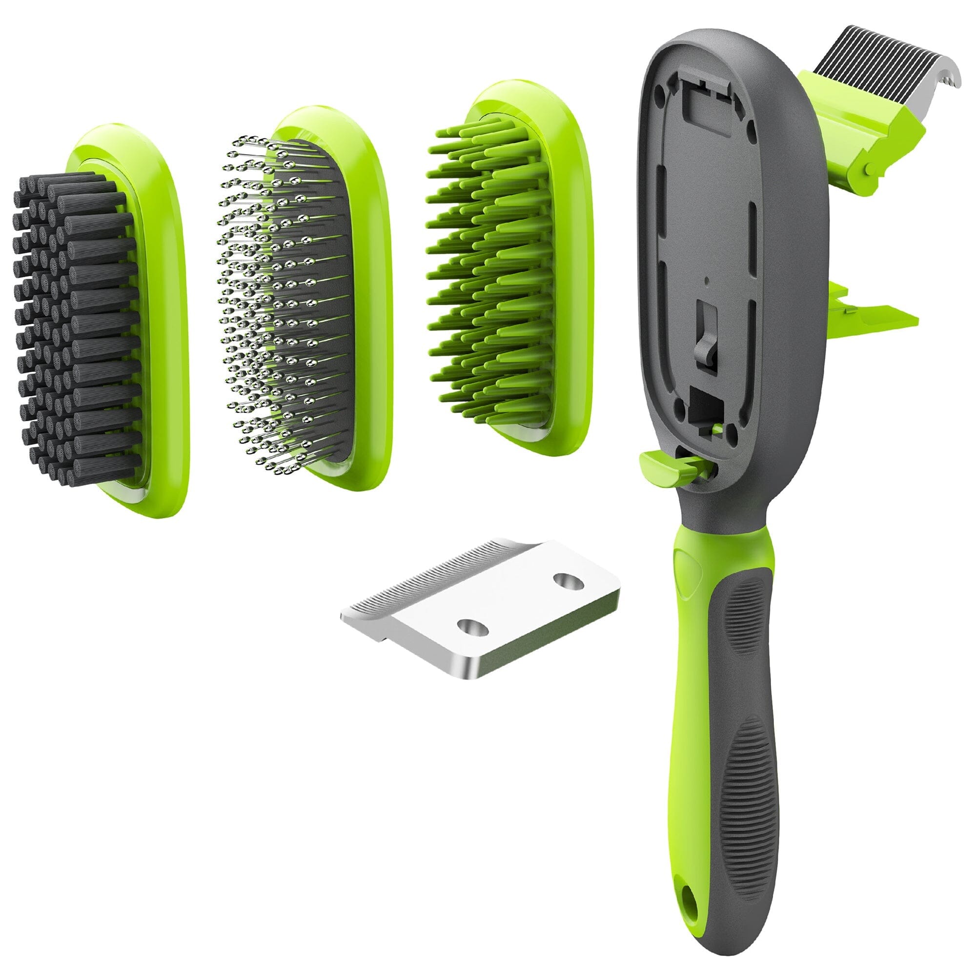 Pet Life ® 'Conversion' 5-in-1 Interchangeable Dematting and Deshedding Bristle Pin and Massage Grooming Pet Comb Green