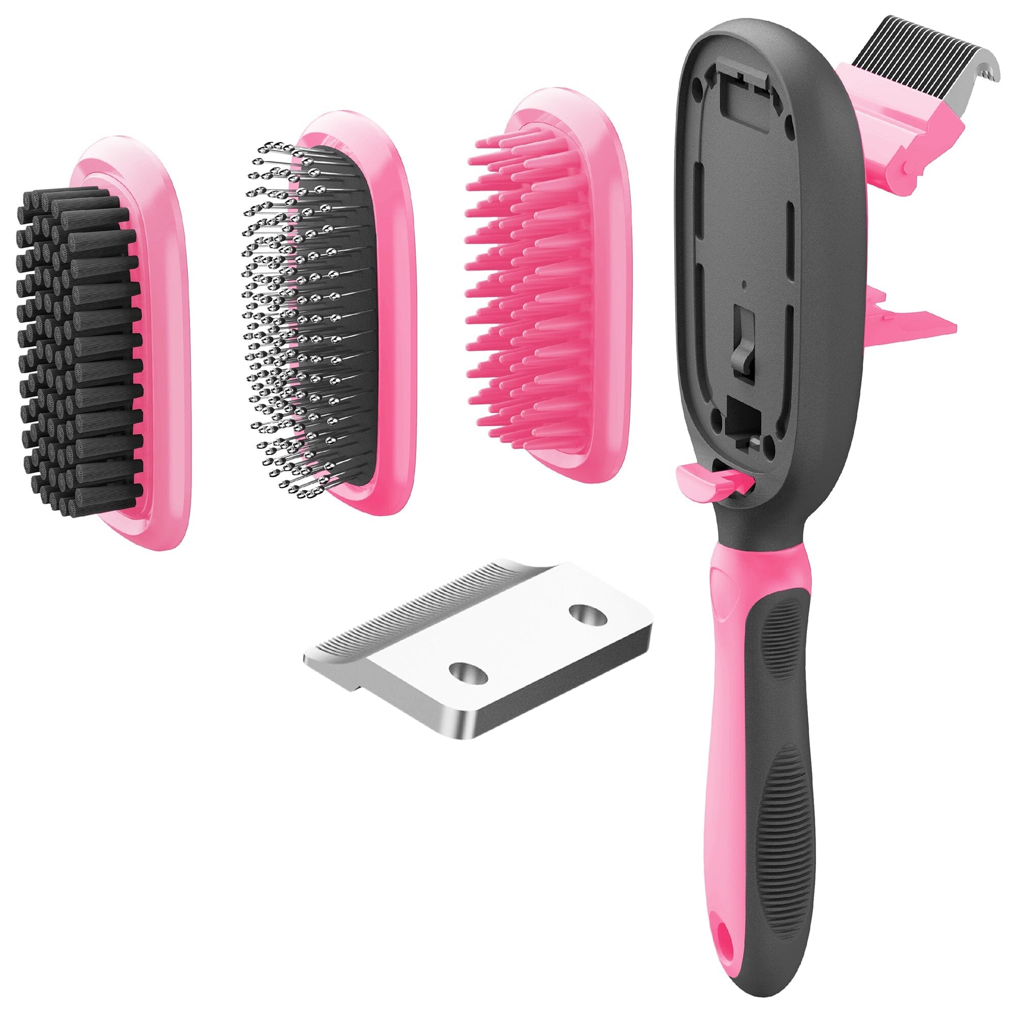 Pet Life ® 'Conversion' 5-in-1 Interchangeable Dematting and Deshedding Bristle Pin and Massage Grooming Pet Comb Pink