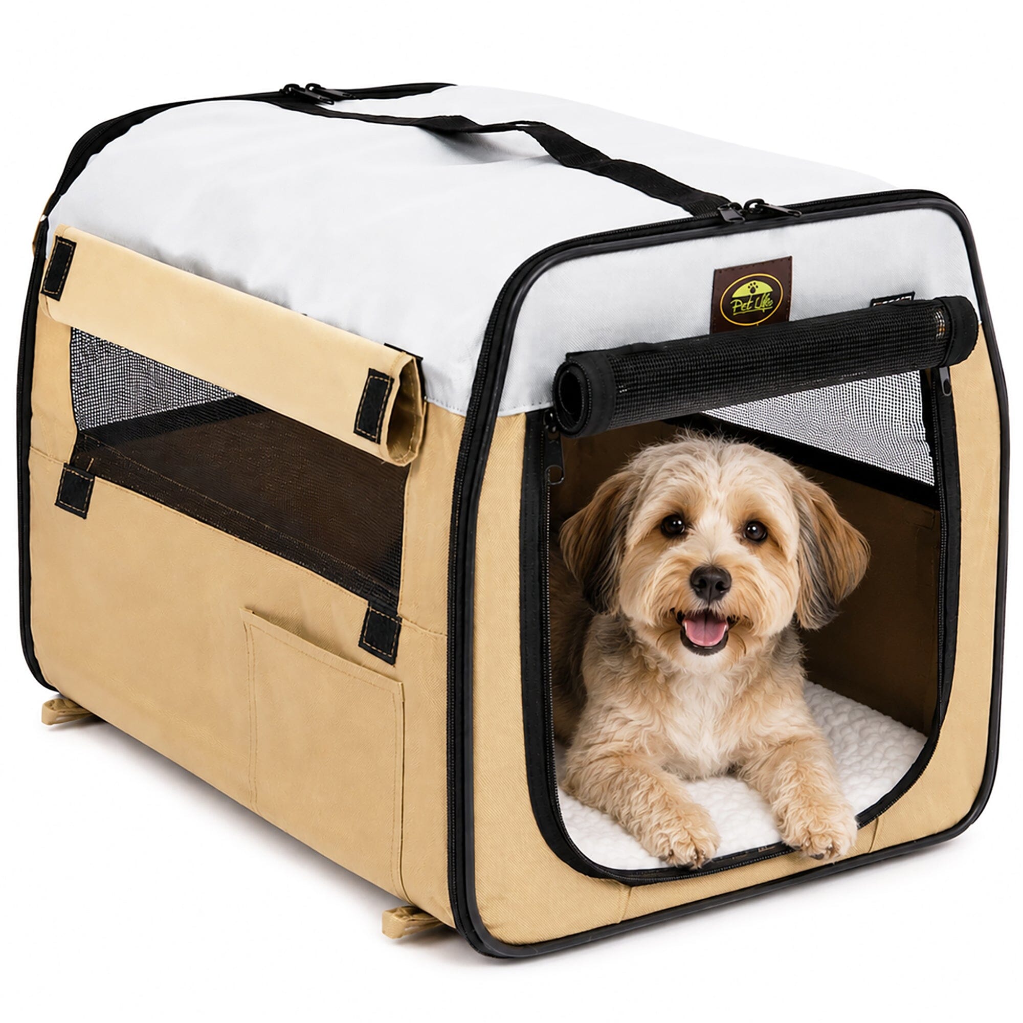 Pet Life ® 'Easy Folding' Zippered Folding Collapsible Wire Framed Lightweight Pet Dog Crate Carrier X-Small Khaki