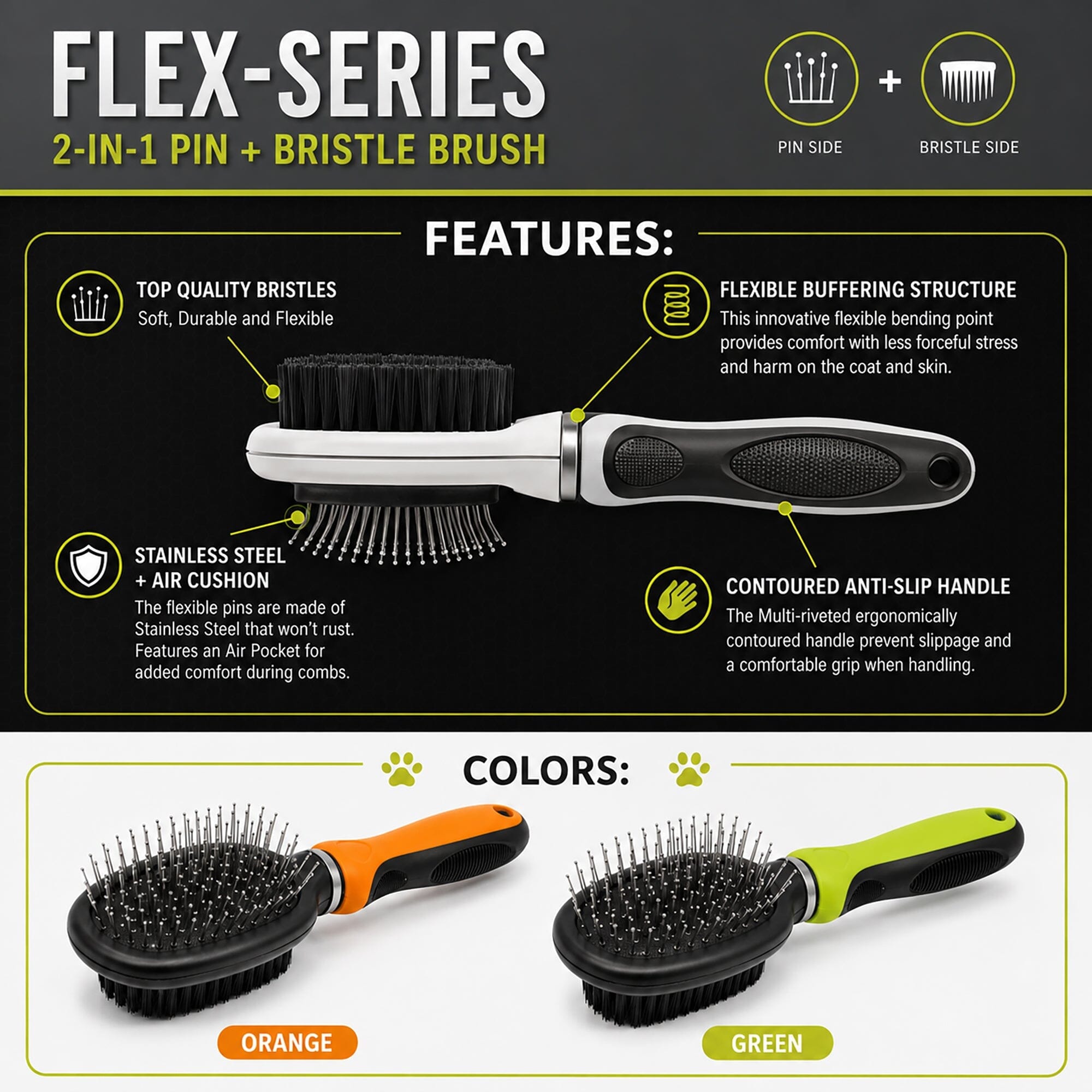 Pet Life ® Flex Series 2-in-1 Dual-Sided Pin and Bristle Grooming Pet Brush