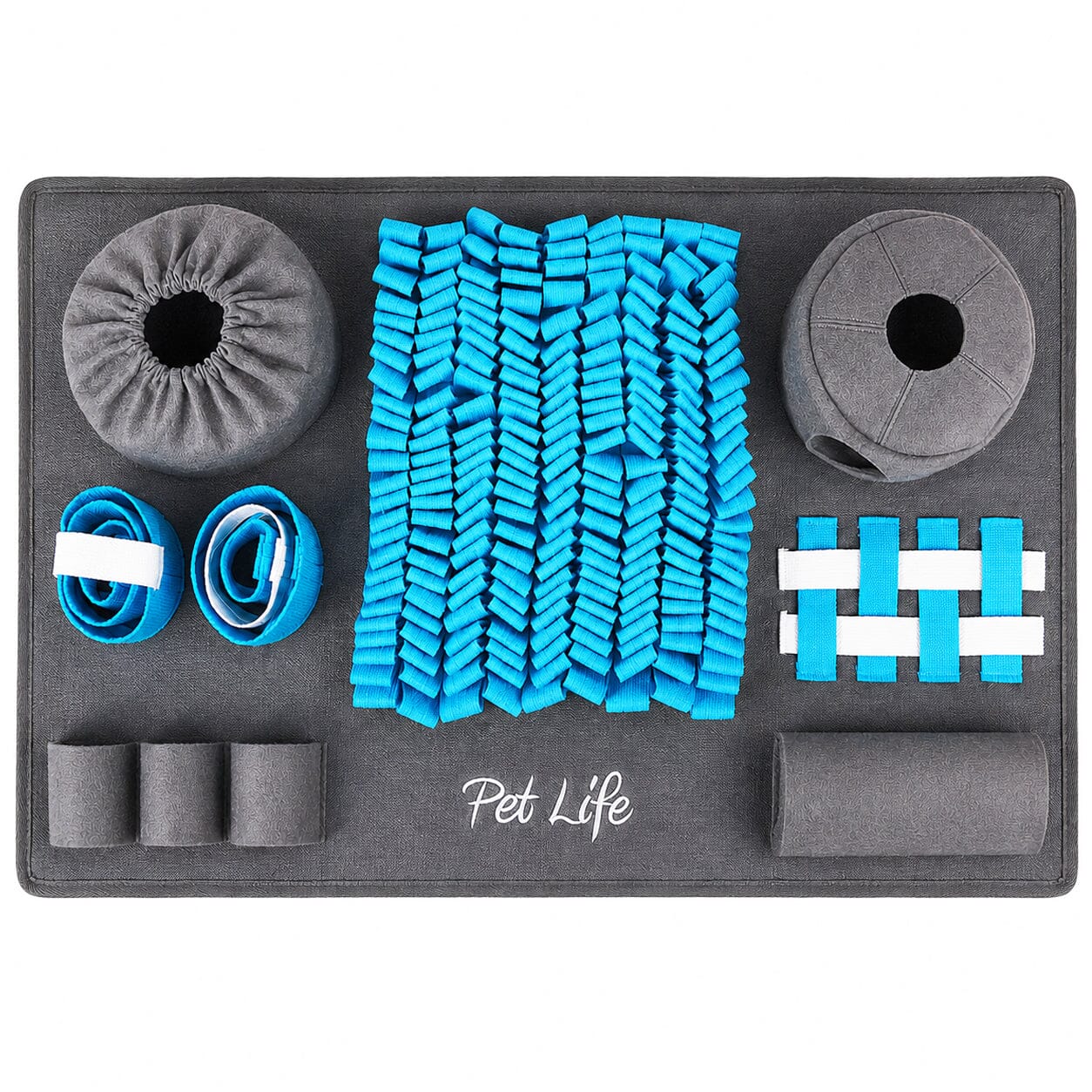 Pet Life ® “ForageScape” Interactive Treat Hiding Multi-Puzzle Pet Snuffle Mat Blue/Gray