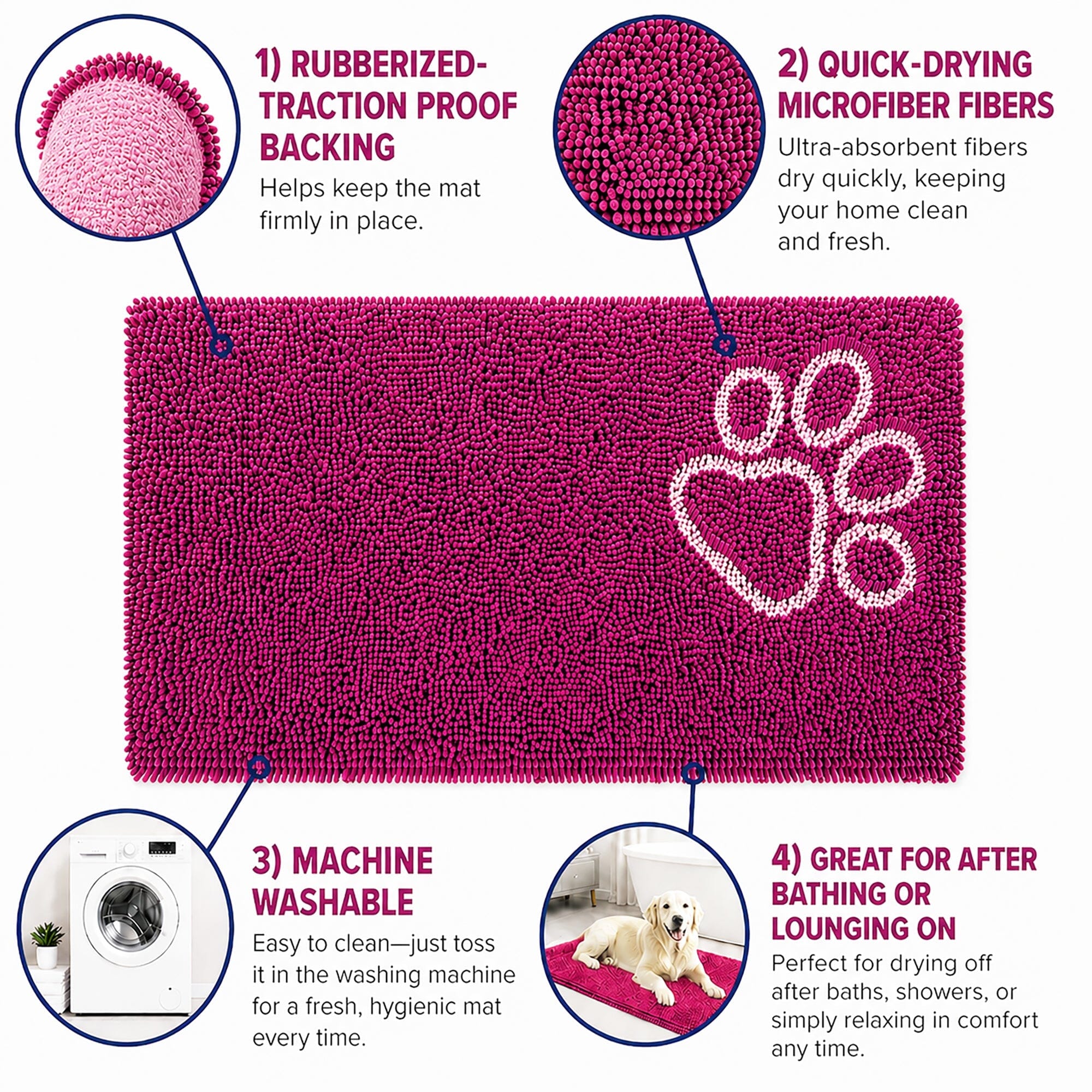 Pet Life ® 'Fuzzy' Quick-Drying Microfiber Anti-Skid and Machine Washable Dog Mat Pet Bed - 2 Pack - Pink