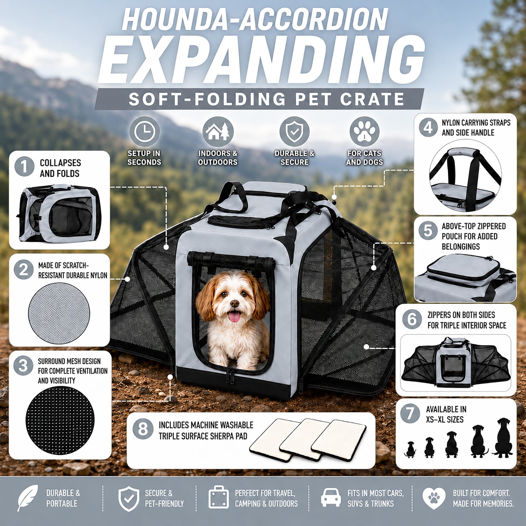 Pet Life ® 'Hounda Accordion' Metal Framed Soft-Folding Collapsible Dual-Sided Expandable Pet Dog Crate