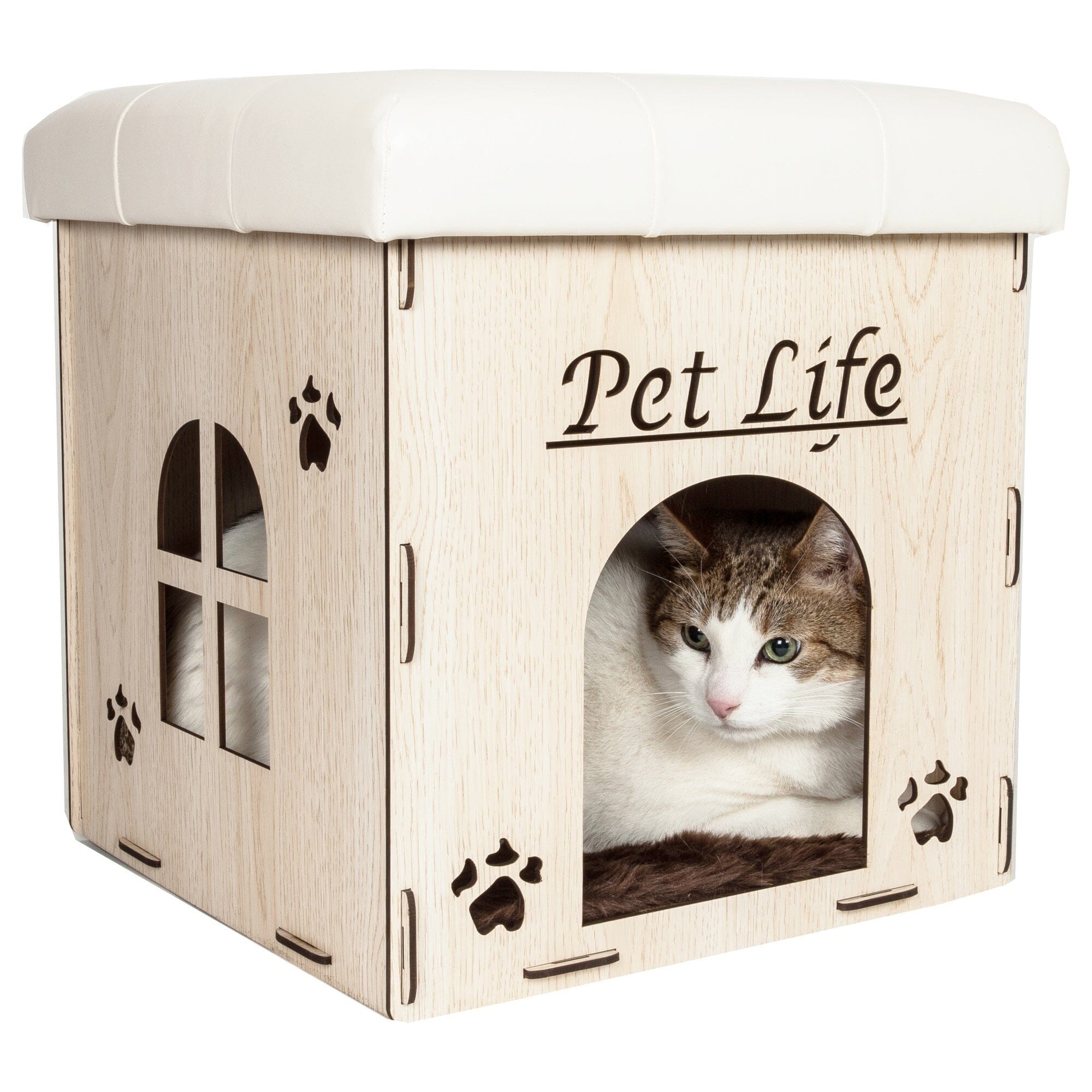 Pet Life ® 'Kitty Kallapse' Collapsible Folding Kitty Cat House Tree Bed Ottoman Bench Furniture White