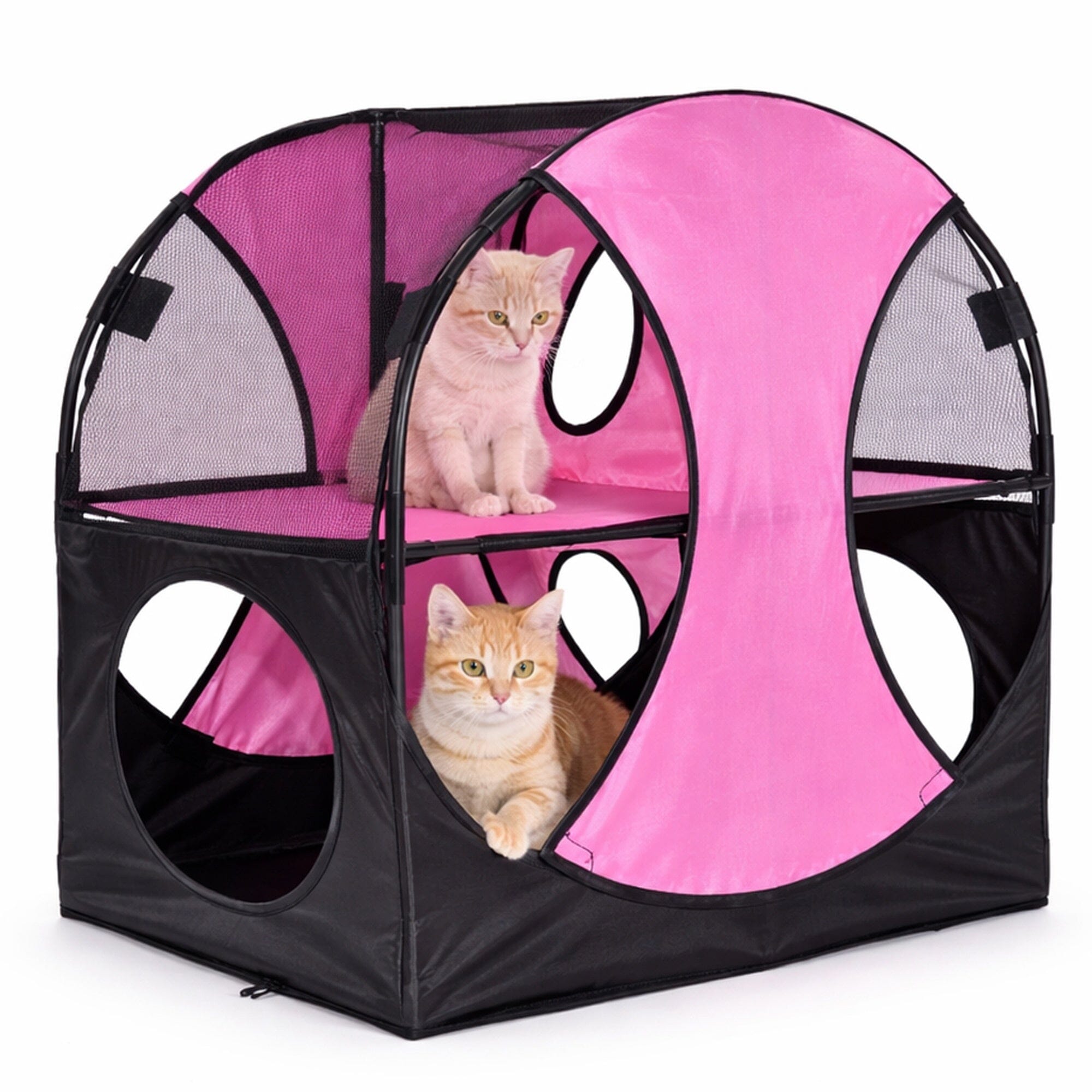 Pet Life ® 'Kitty-Play' Collapsible Travel Interactive Kitty Cat Tree Maze House Lounger Tunnel Lounge Pink, Black