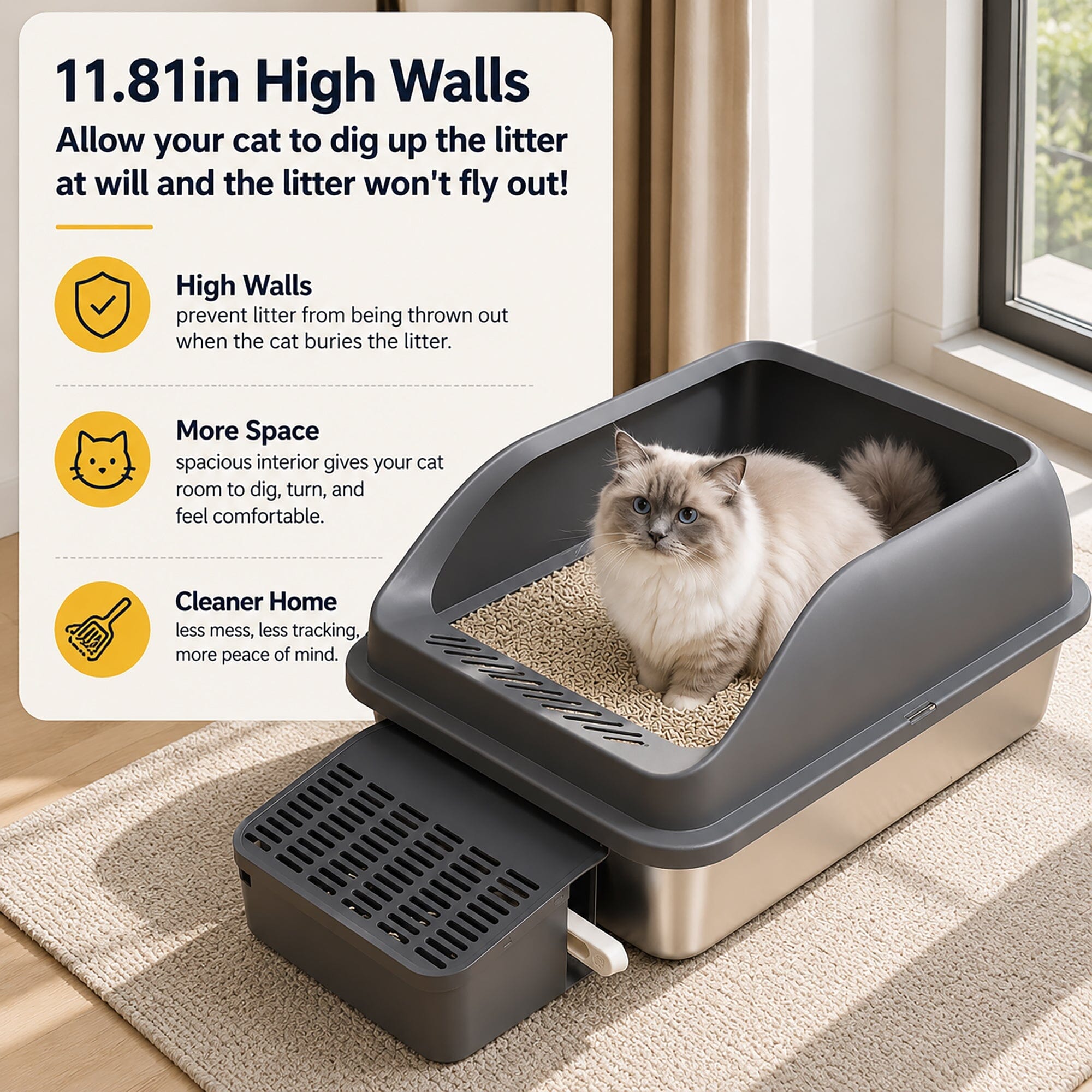 Pet Life ® “Open-Top” Modern Mess-Reducing Stainless Steel Cat Litter Box
