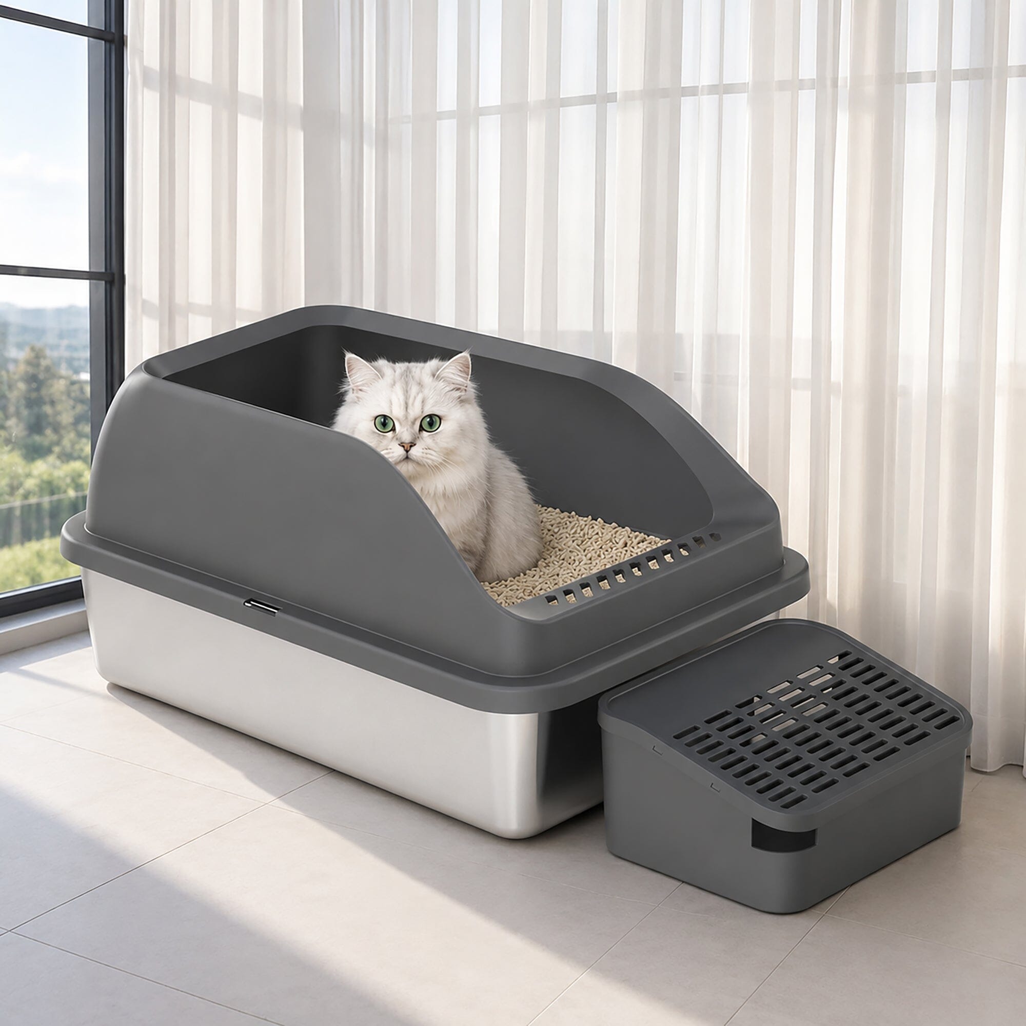 Pet Life ® “Open-Top” Modern Mess-Reducing Stainless Steel Cat Litter Box