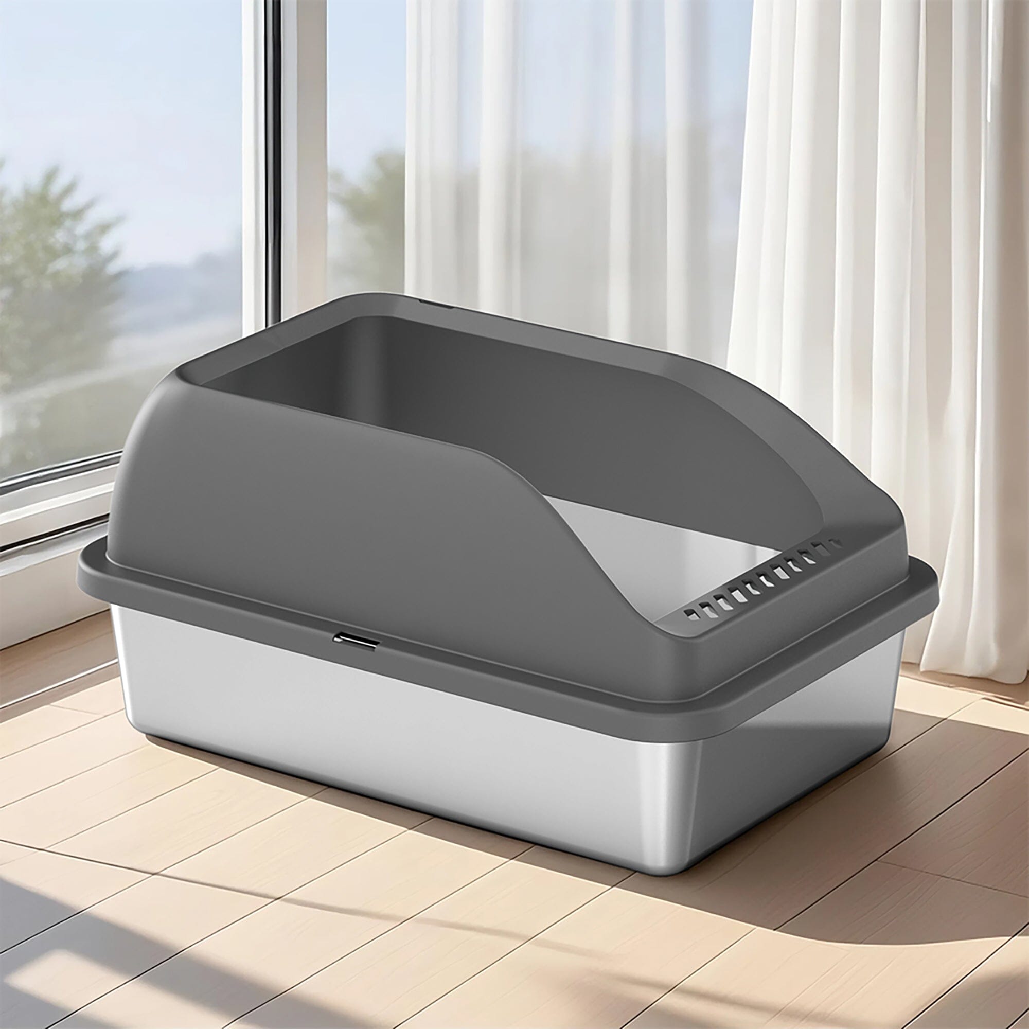 Pet Life ® “Open-Top” Modern Mess-Reducing Stainless Steel Cat Litter Box