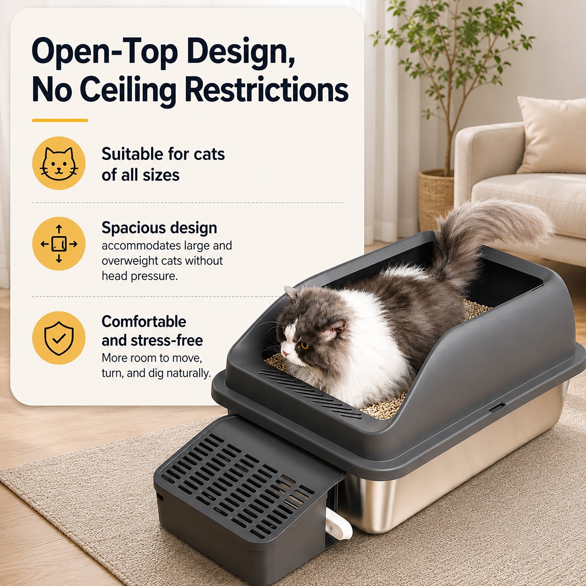 Pet Life ® “Open-Top” Modern Mess-Reducing Stainless Steel Cat Litter Box