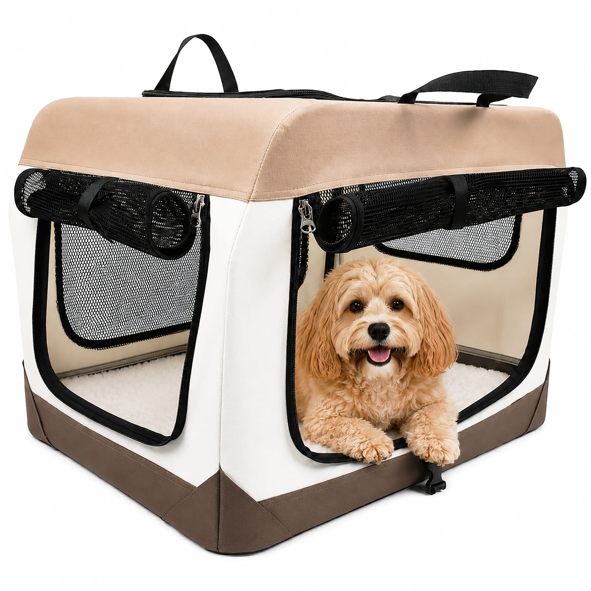 Pet Life ® OpenView Premium Ventilated Collapsible Soft-Sided Travel Pet Crate Small Taupe/Beige