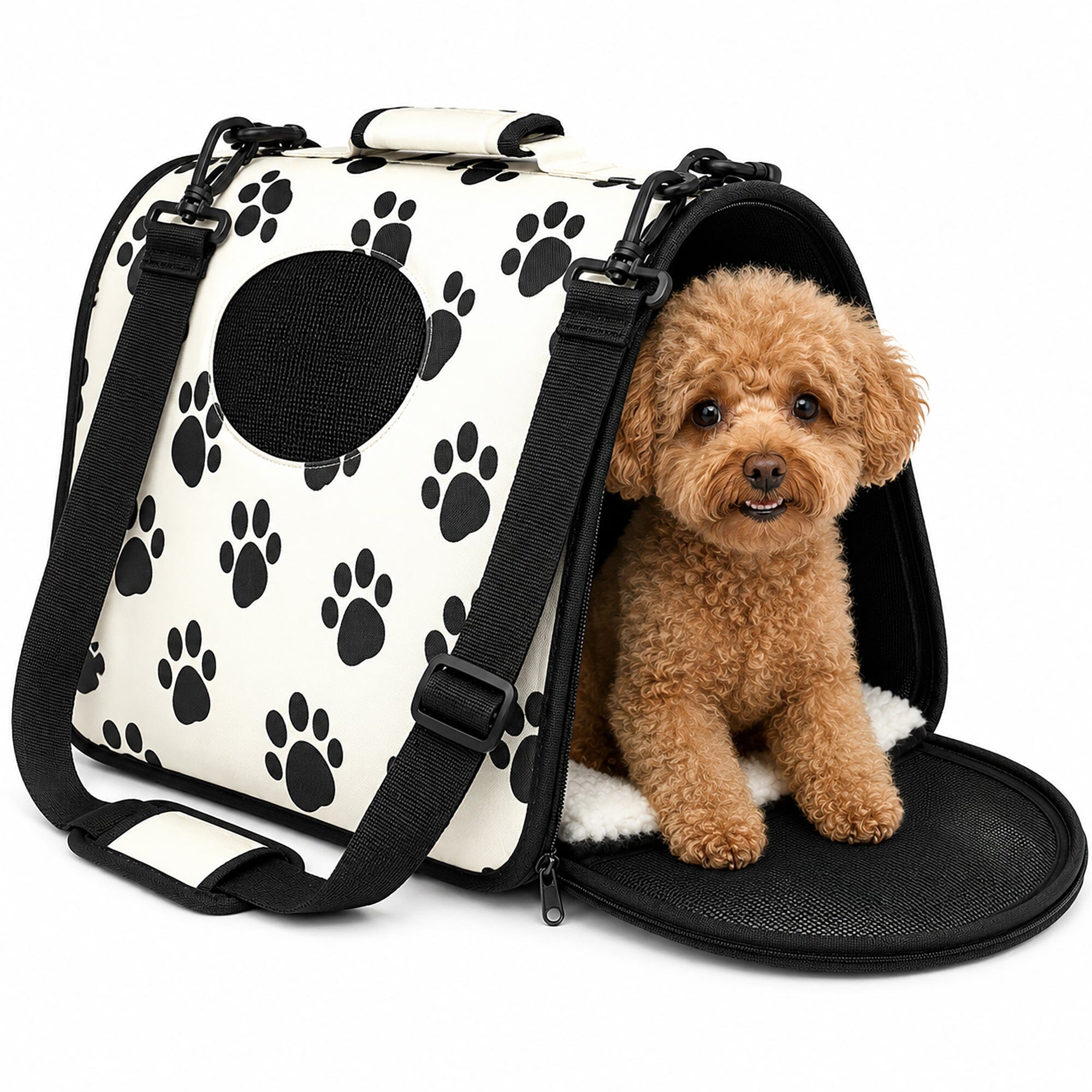 Pet Life ® Paw Patterned Airline Approved Zippered Folding Collapsible Travel Pet Dog Carrier Medium Cream & Black