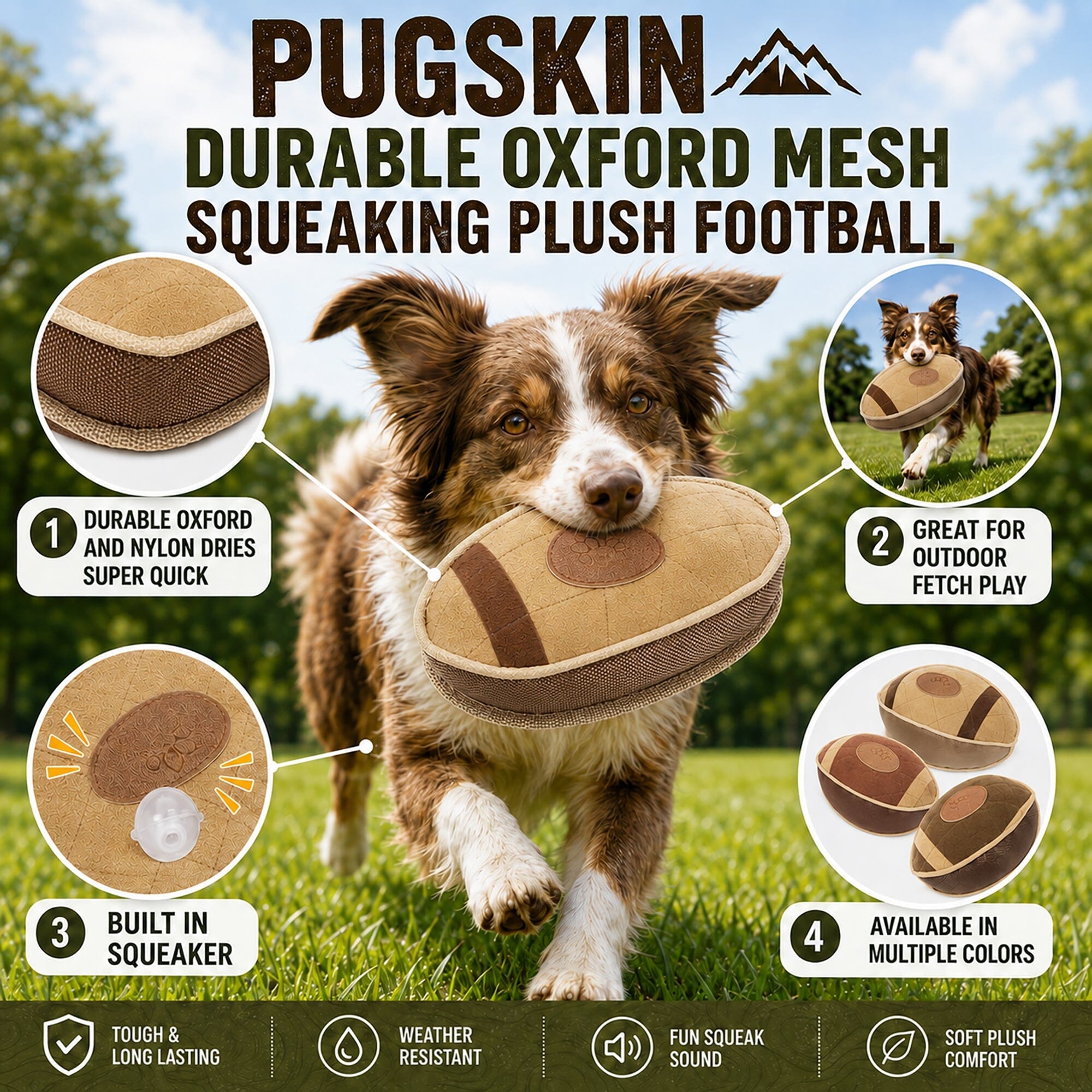 Pet Life ® 'Pugskin' Durable Oxford Nylon and Mesh Plush Squeaky Football Dog Toy