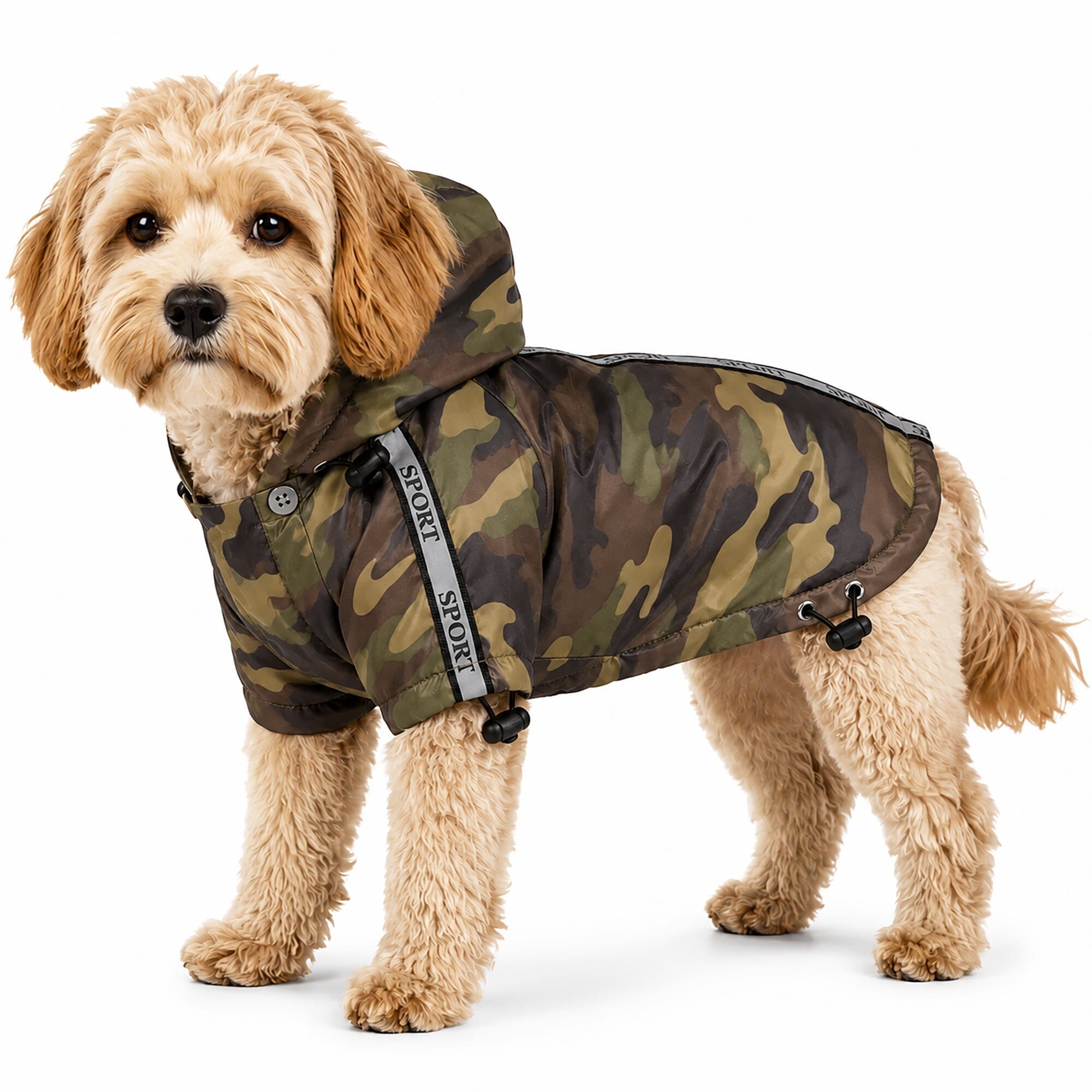 Pet Life ® 'Reflecta-Sport' Multi-Adjustable Reflective Weather-Proof Dog Raincoat w/ Removable Hood X-Small Forest Camouflage